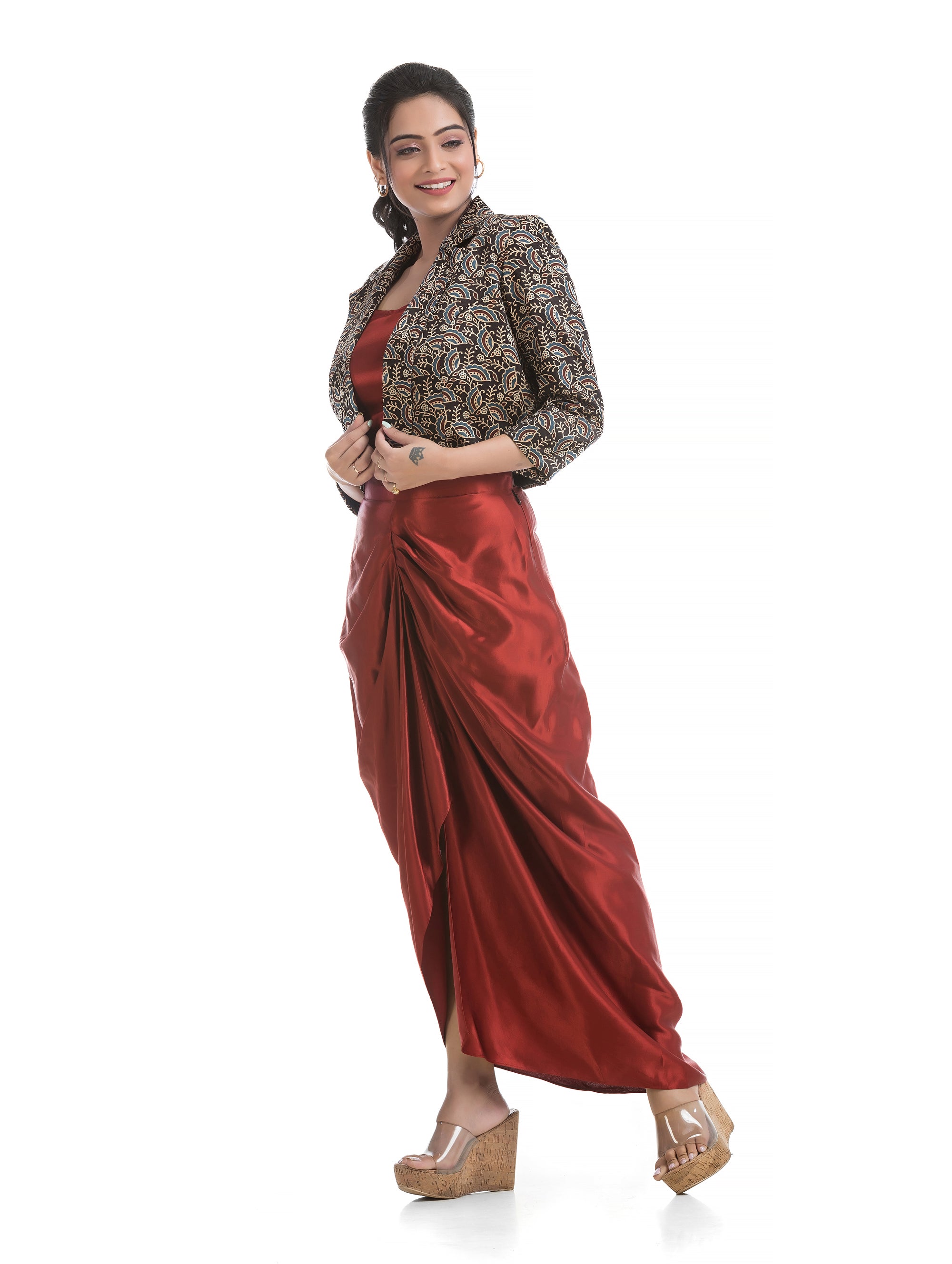 Maroon Bralette Top and Sarang Skirt with Black Ajrakh Printed Blazer