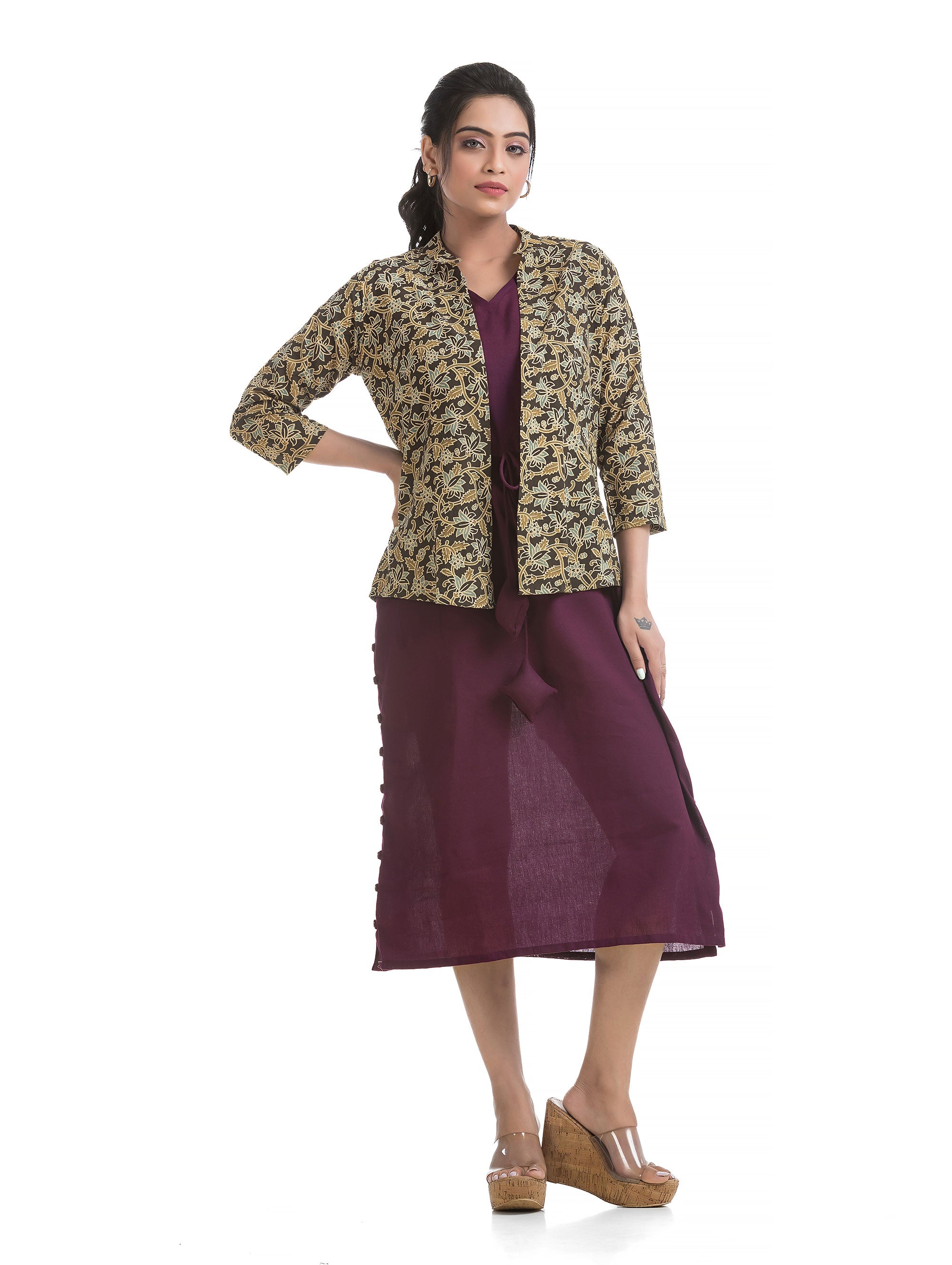 Drawstirng Purple Dress with Ajrakh Printed Jacket