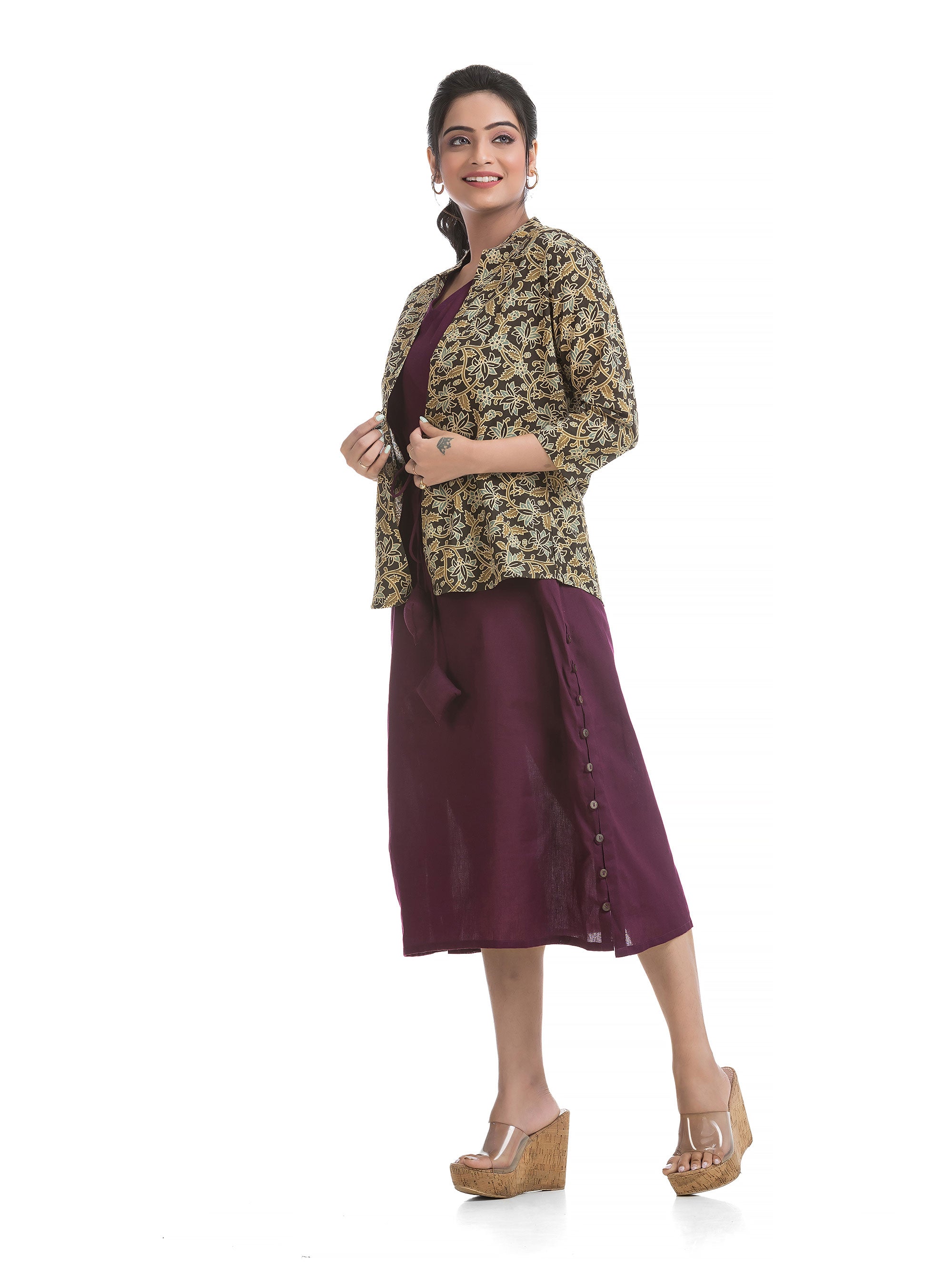 Drawstirng Purple Dress with Ajrakh Printed Jacket