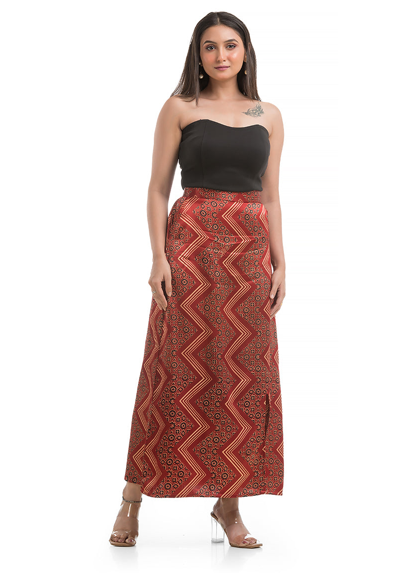 Maroon Geometric Printed Ankle Length Skirt