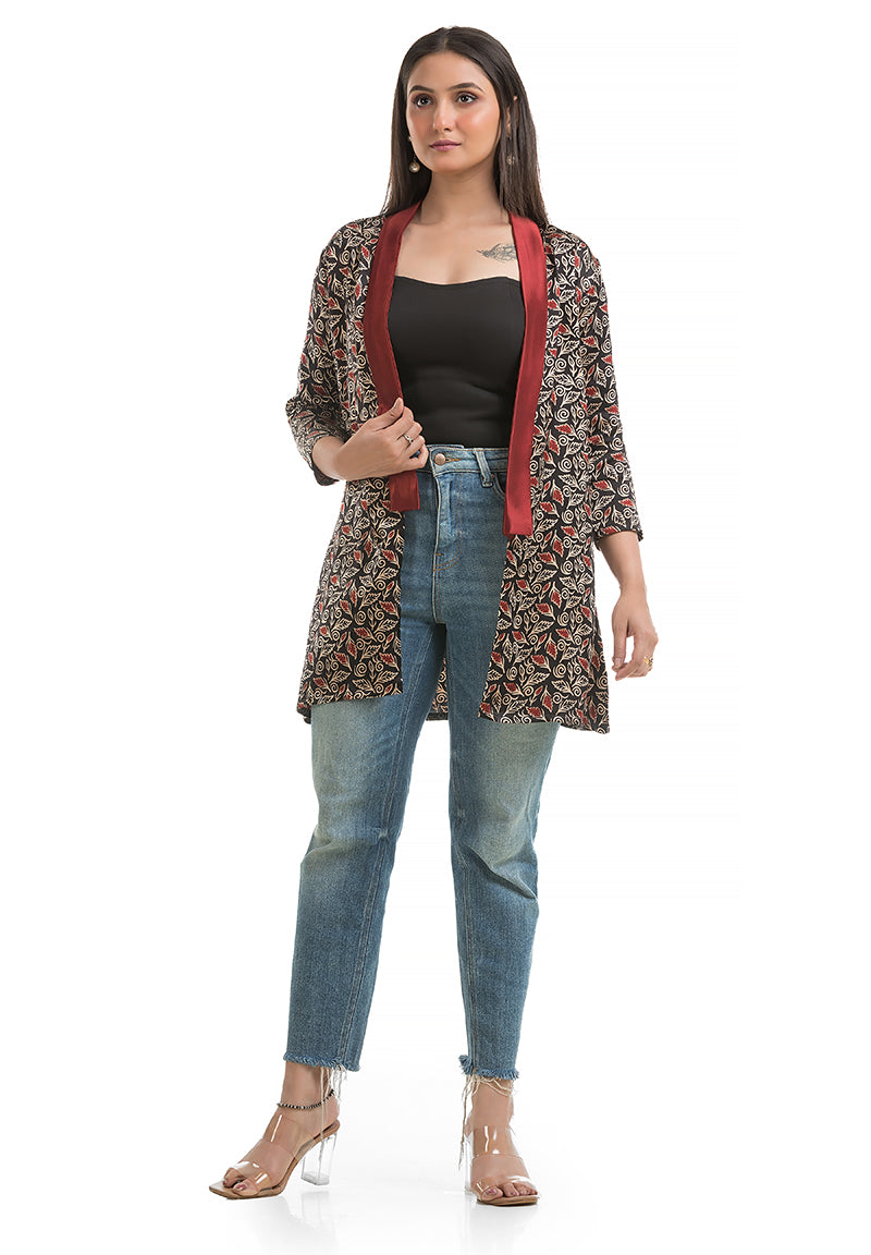 Women's Mashru Silk Black Maroon Shawl Collar Shrug
