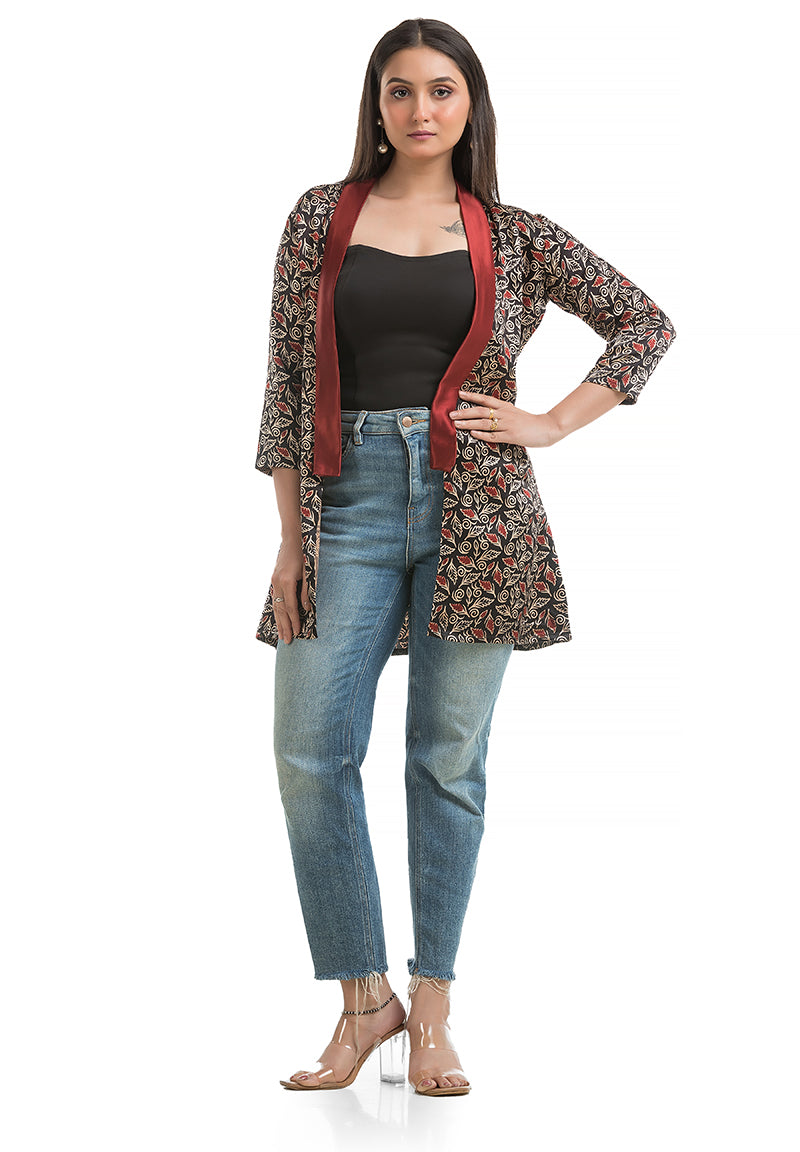 Women's Mashru Silk Black Maroon Shawl Collar Shrug