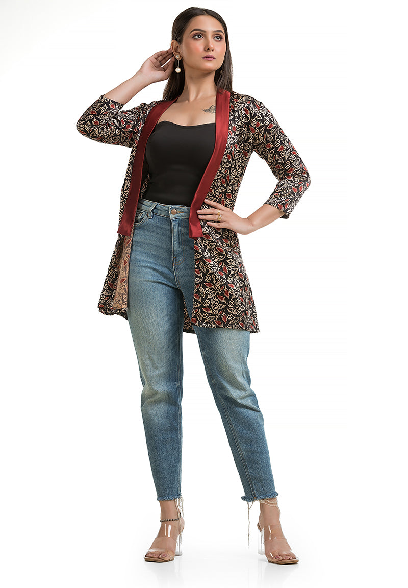Women's Mashru Silk Black Maroon Shawl Collar Shrug