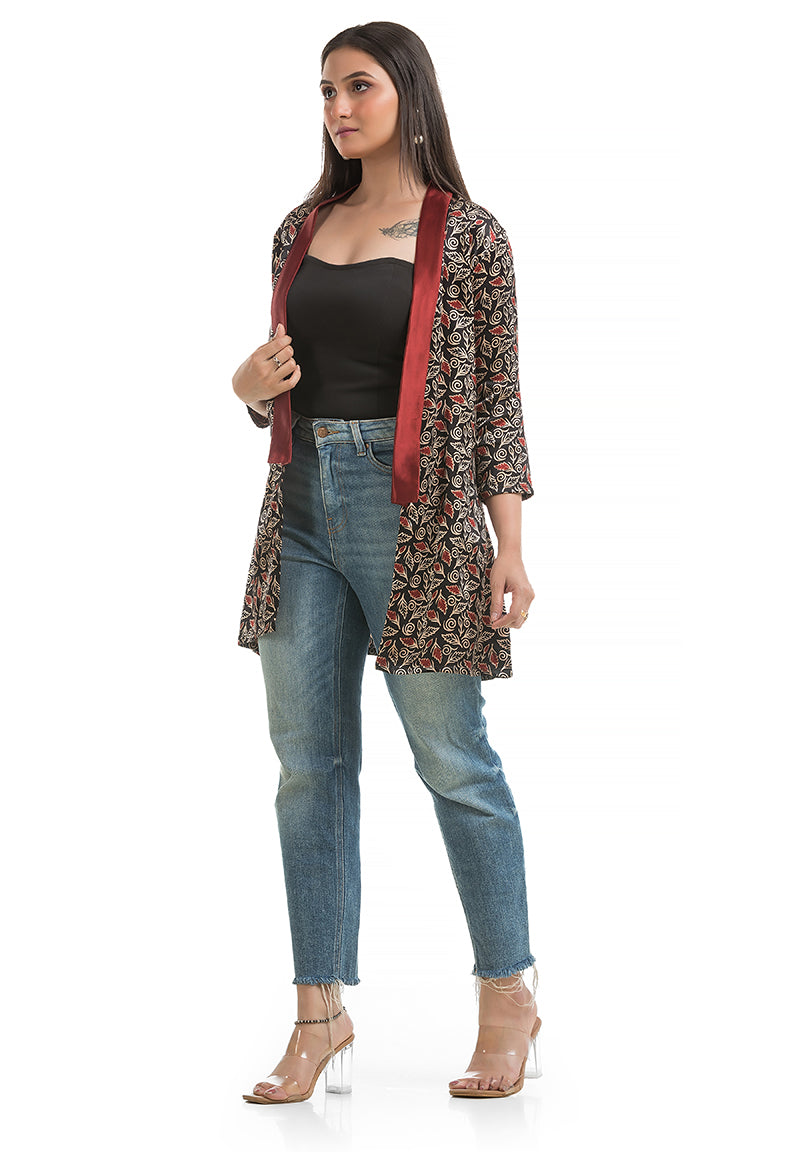 Women's Mashru Silk Black Maroon Shawl Collar Shrug