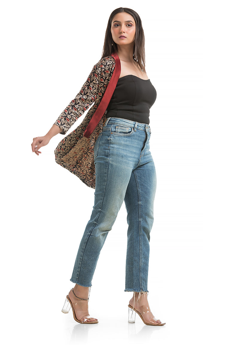 Women's Mashru Silk Black Maroon Shawl Collar Shrug