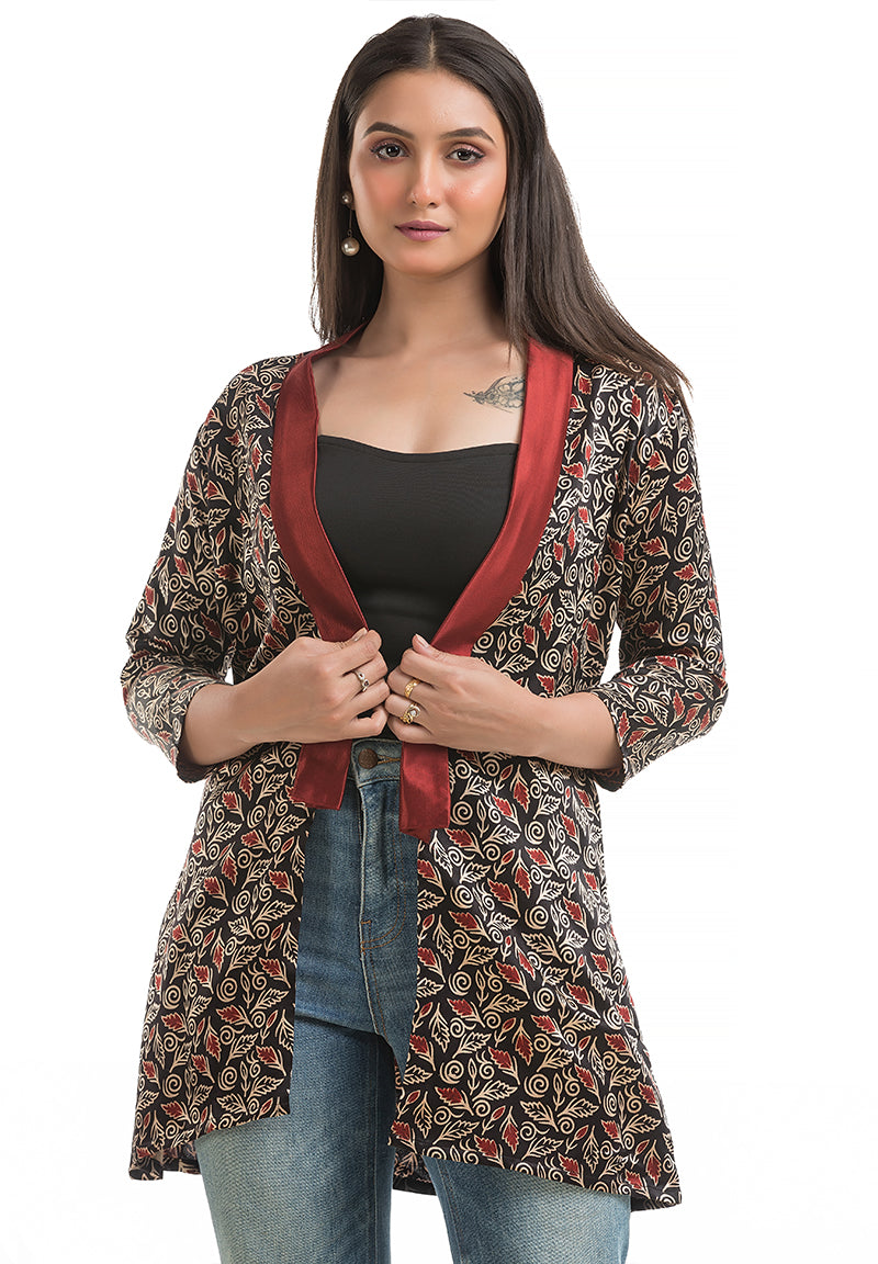 Women's Mashru Silk Black Maroon Shawl Collar Shrug
