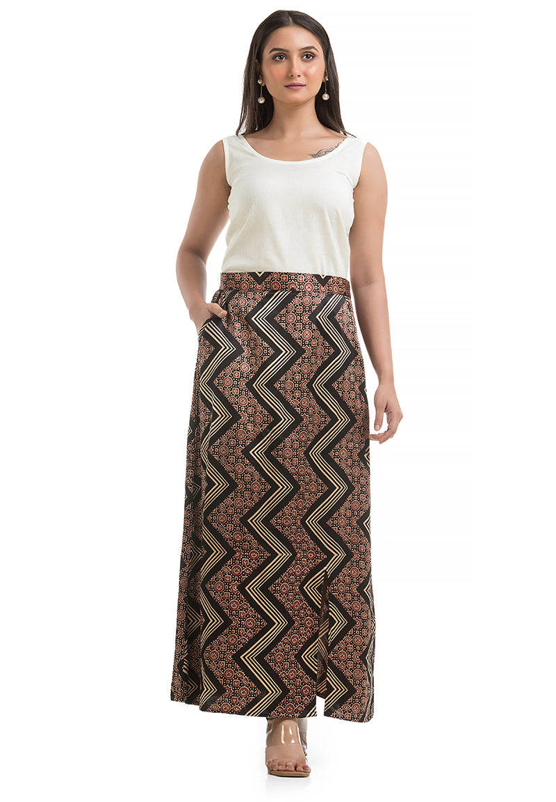 Black Geometric Printed Ankle Length Skirt