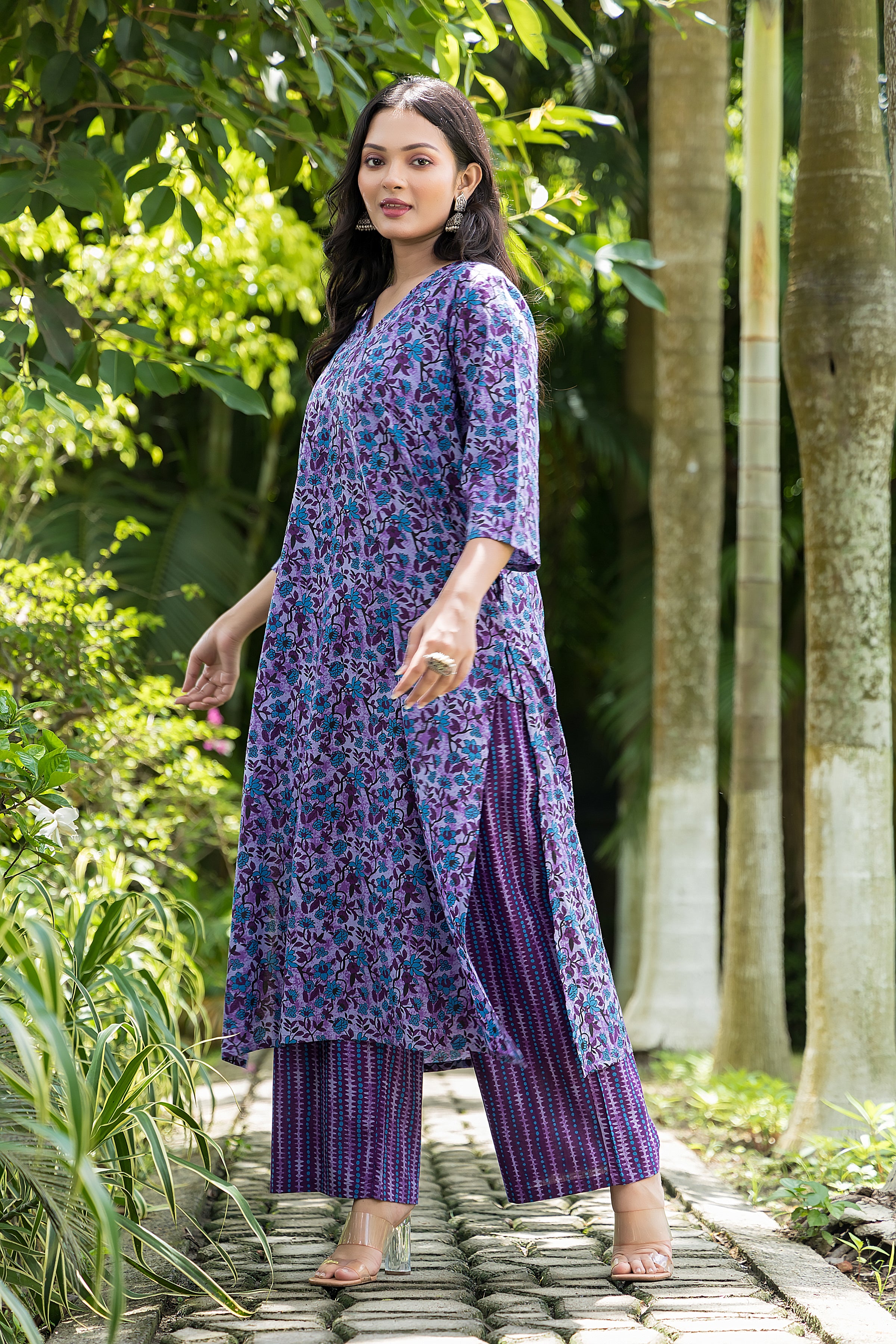 Women's Purple Long Kurta With Pant Set