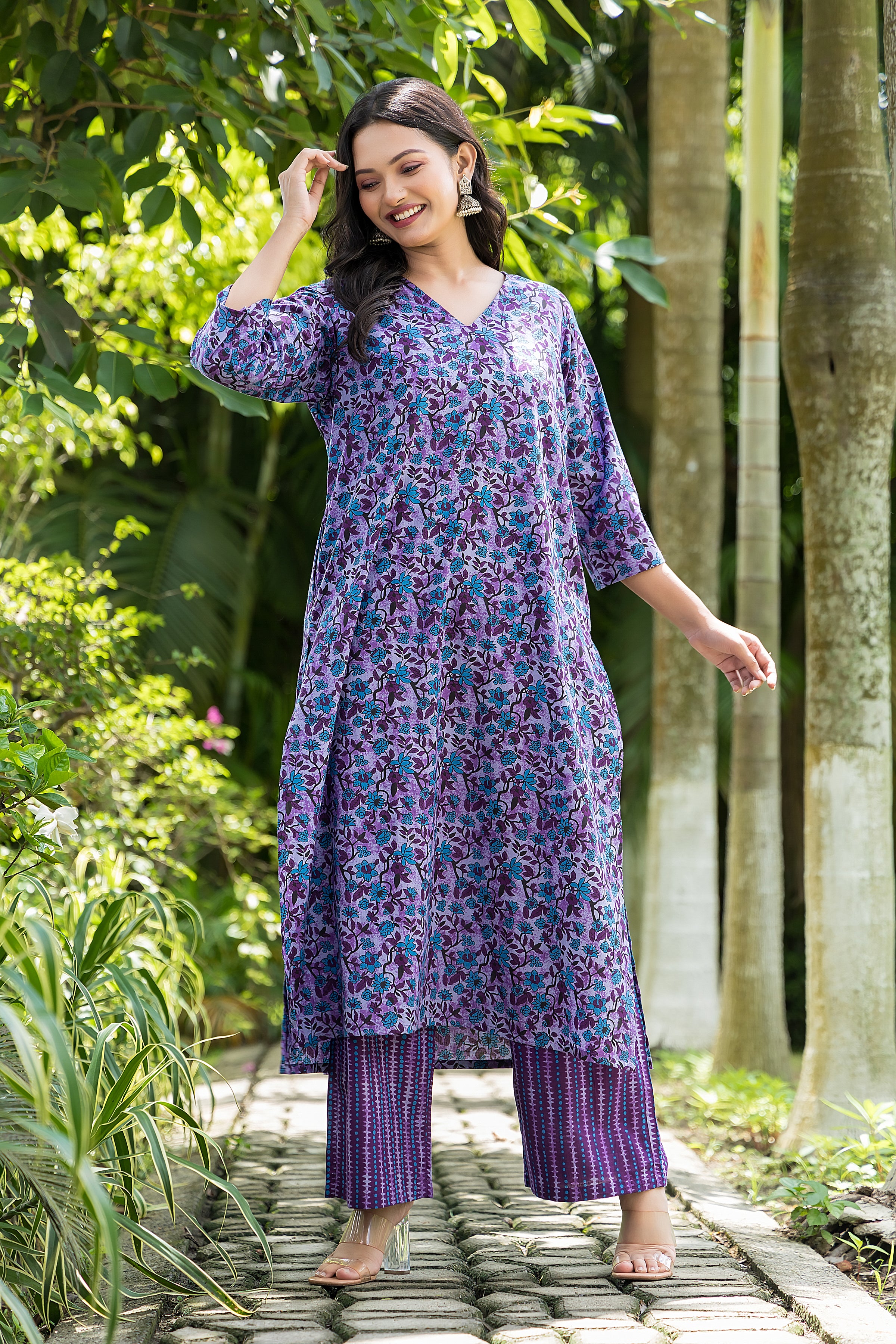 Women's Purple Long Kurta With Pant Set