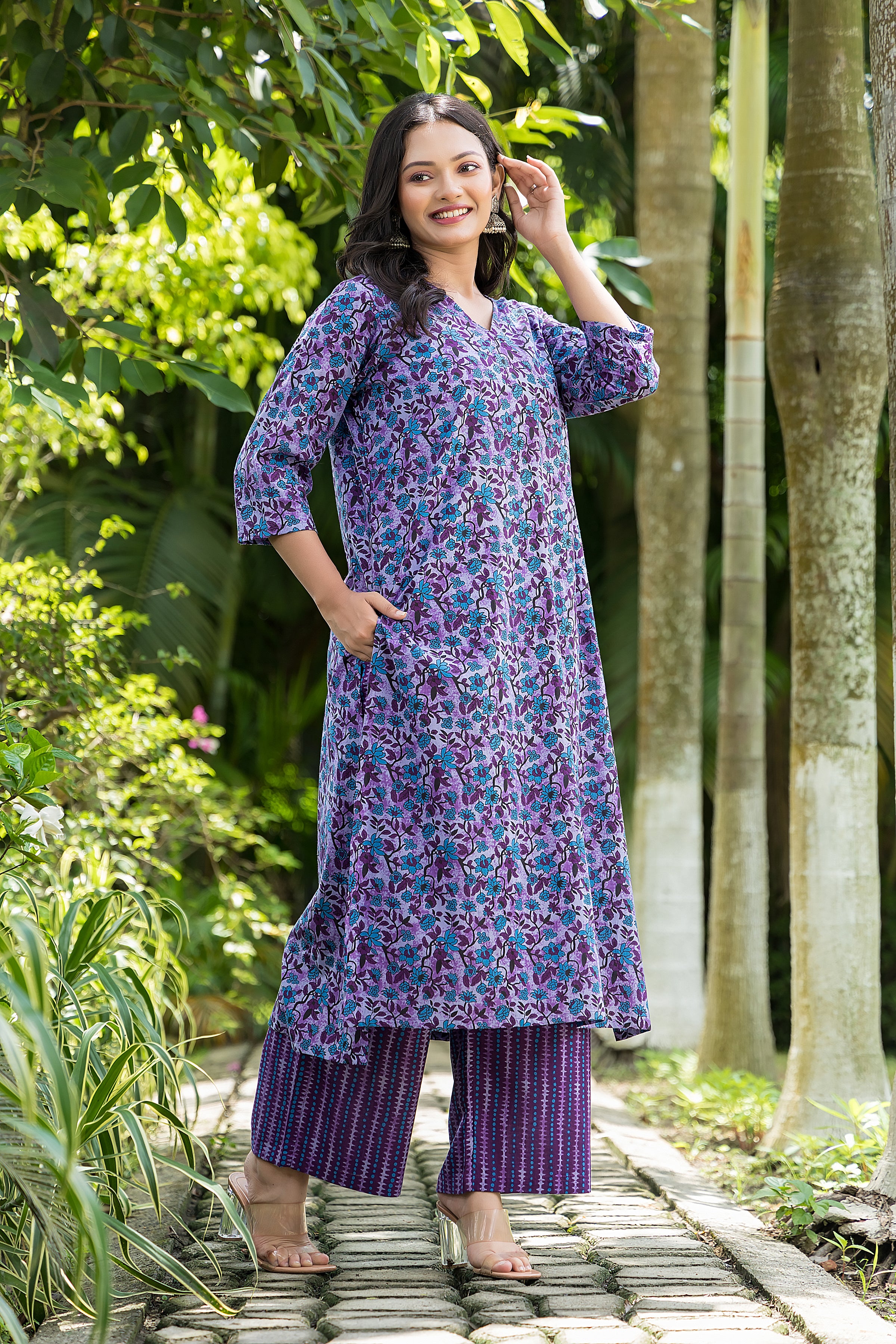 Women's Purple Long Kurta With Pant Set