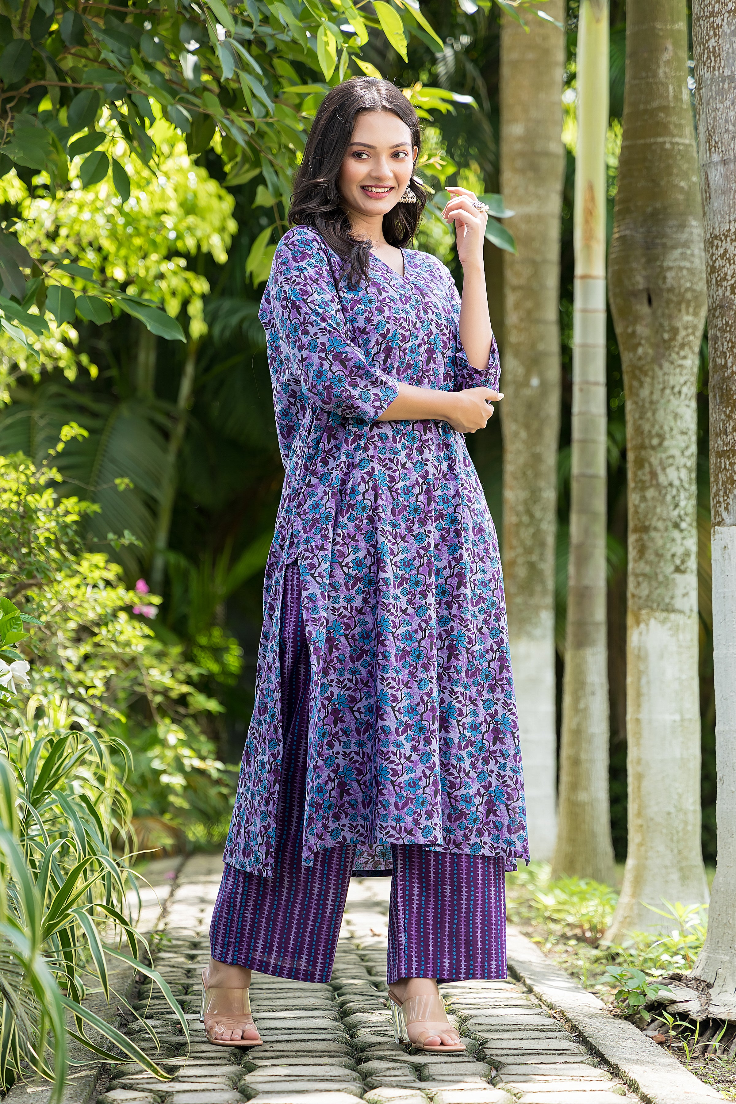Women's Purple Long Kurta With Pant Set