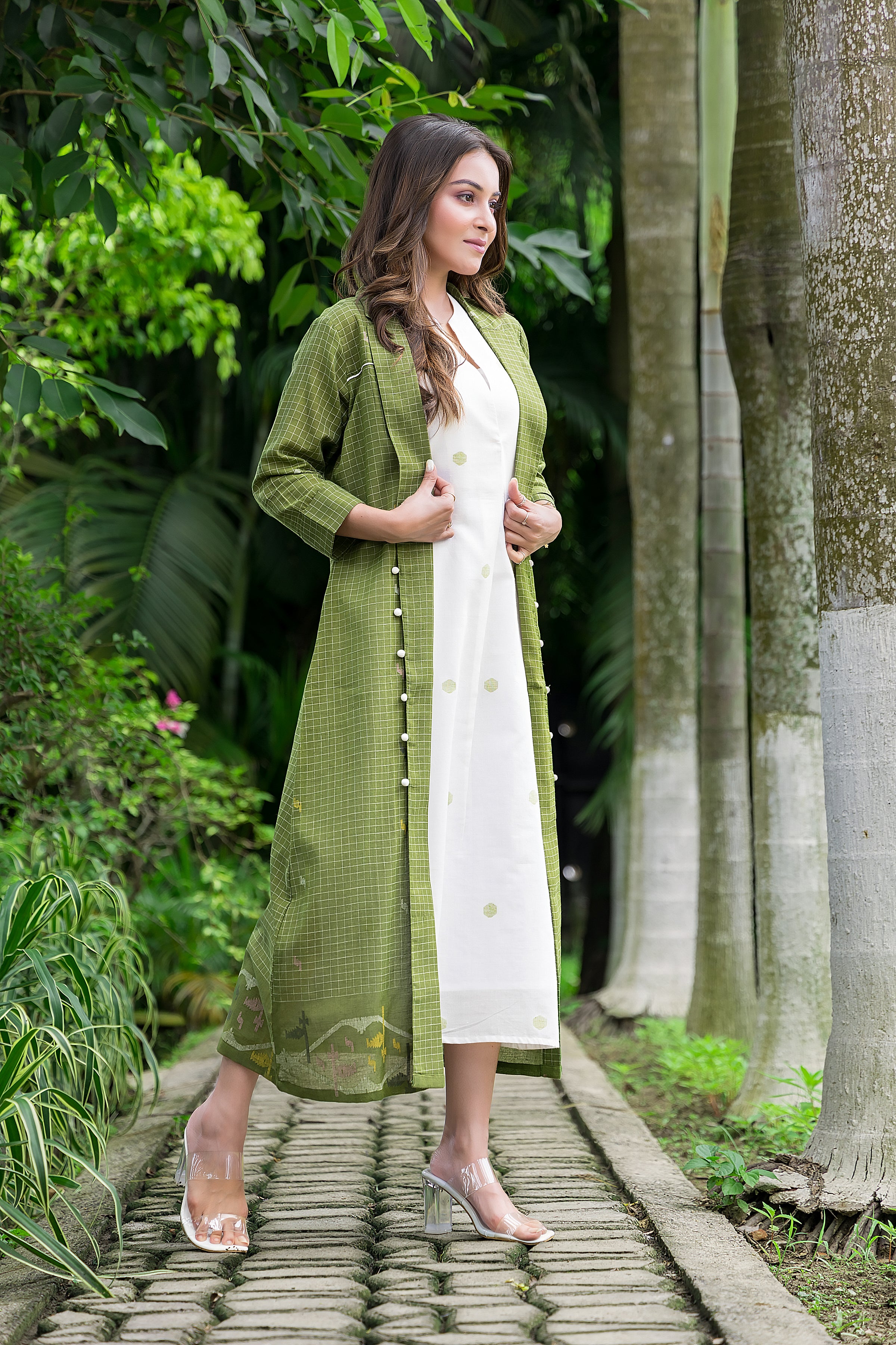 Women's Cotton White Jamdani Motif Dress With Green Shrug