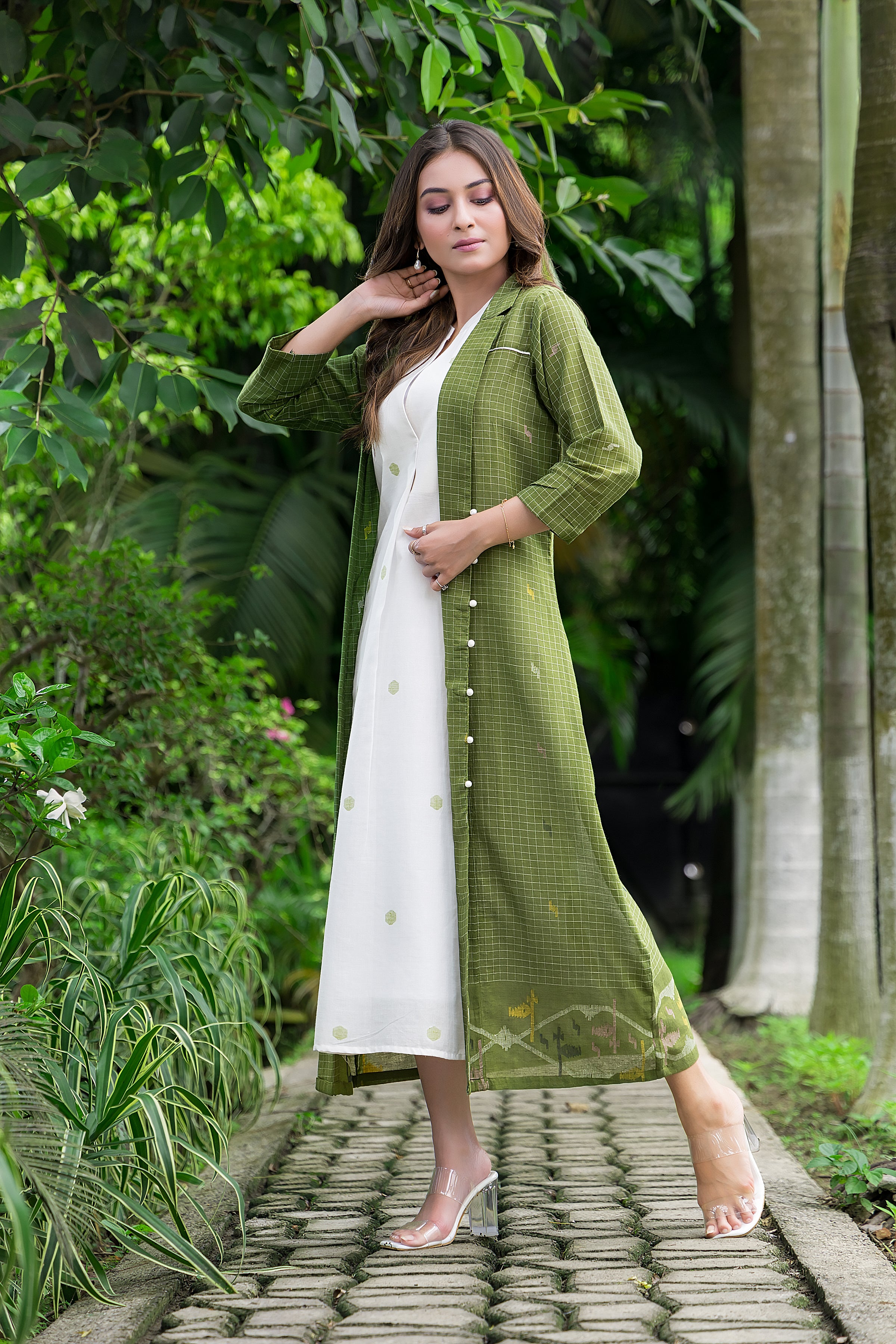 Women's Cotton White Jamdani Motif Dress With Green Shrug