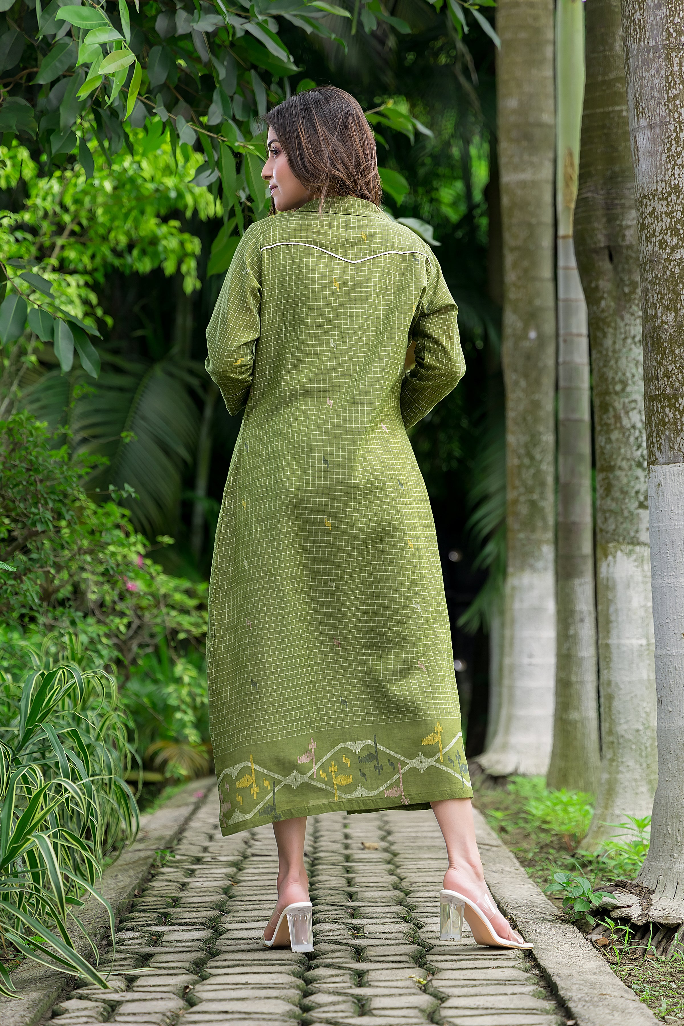 Women's Cotton White Jamdani Motif Dress With Green Shrug