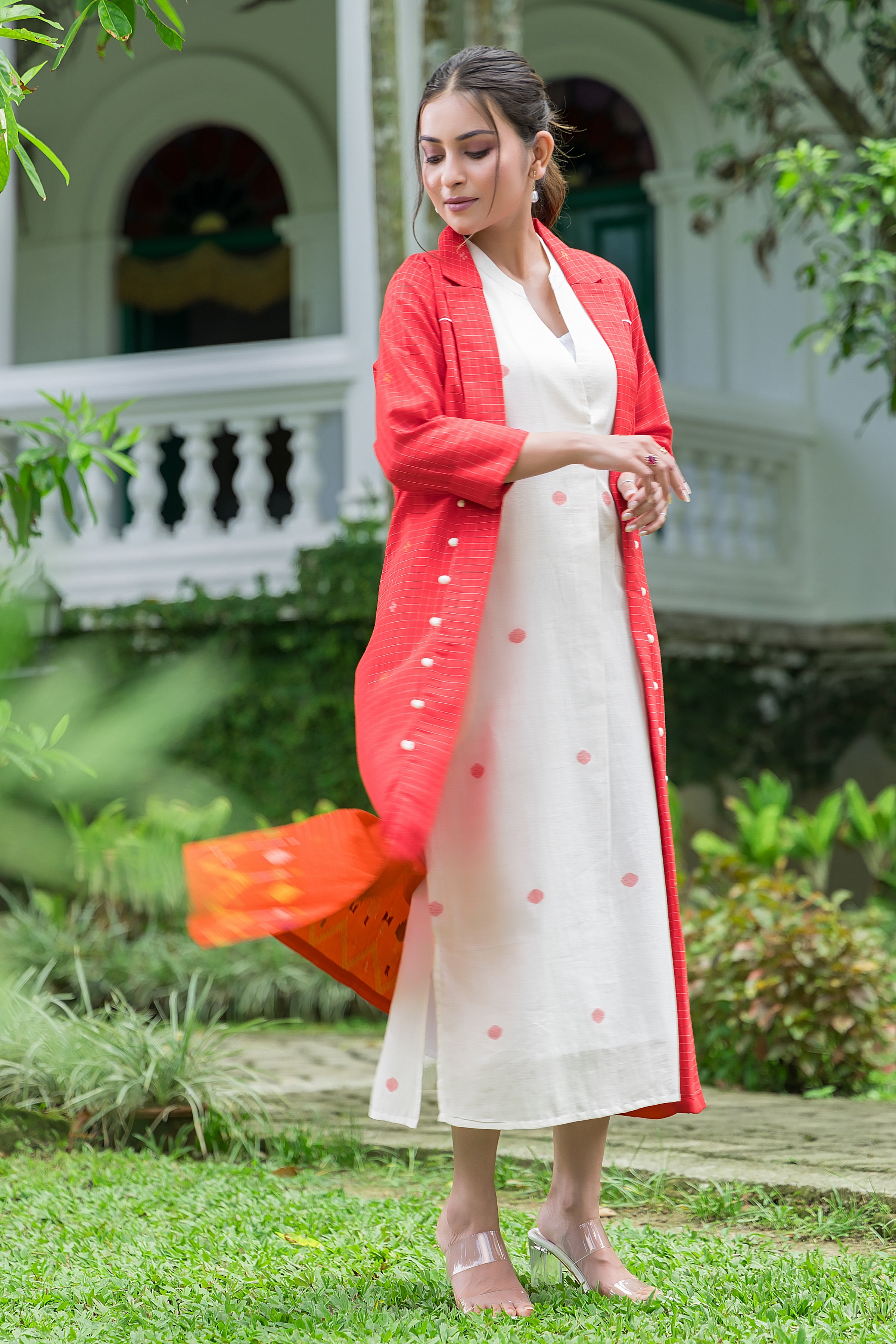 Women's Cotton White Jamdani Motif Dress With Red Shrug