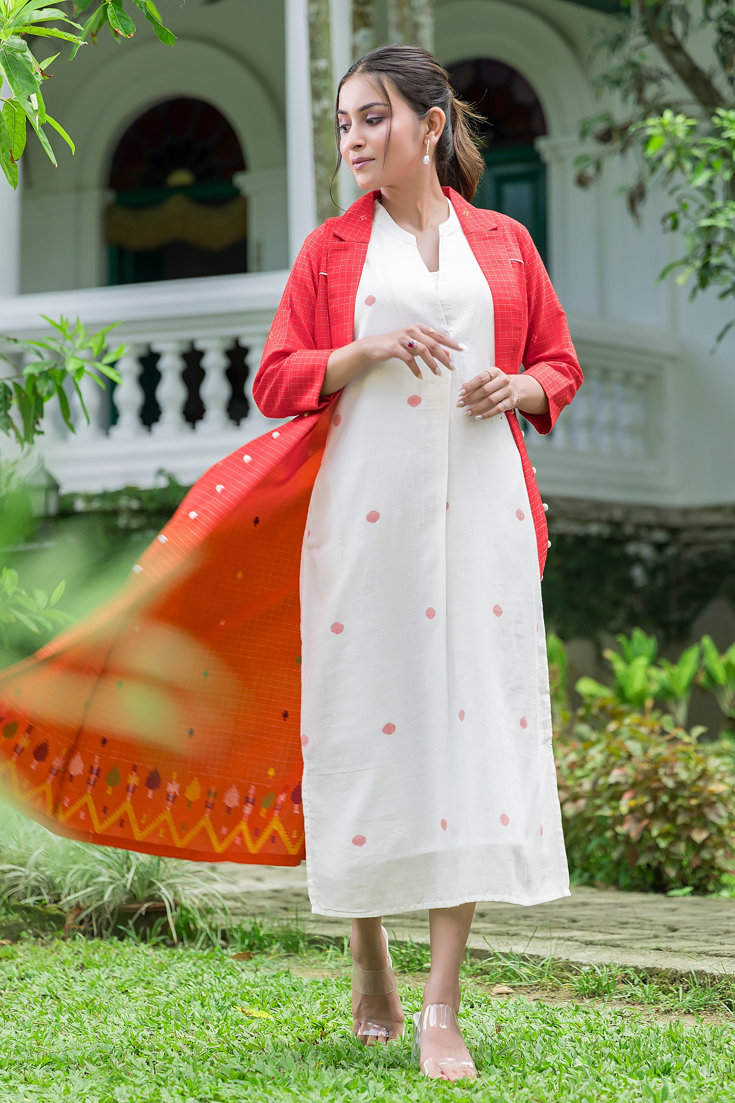 Women's Cotton White Jamdani Motif Dress With Red Shrug
