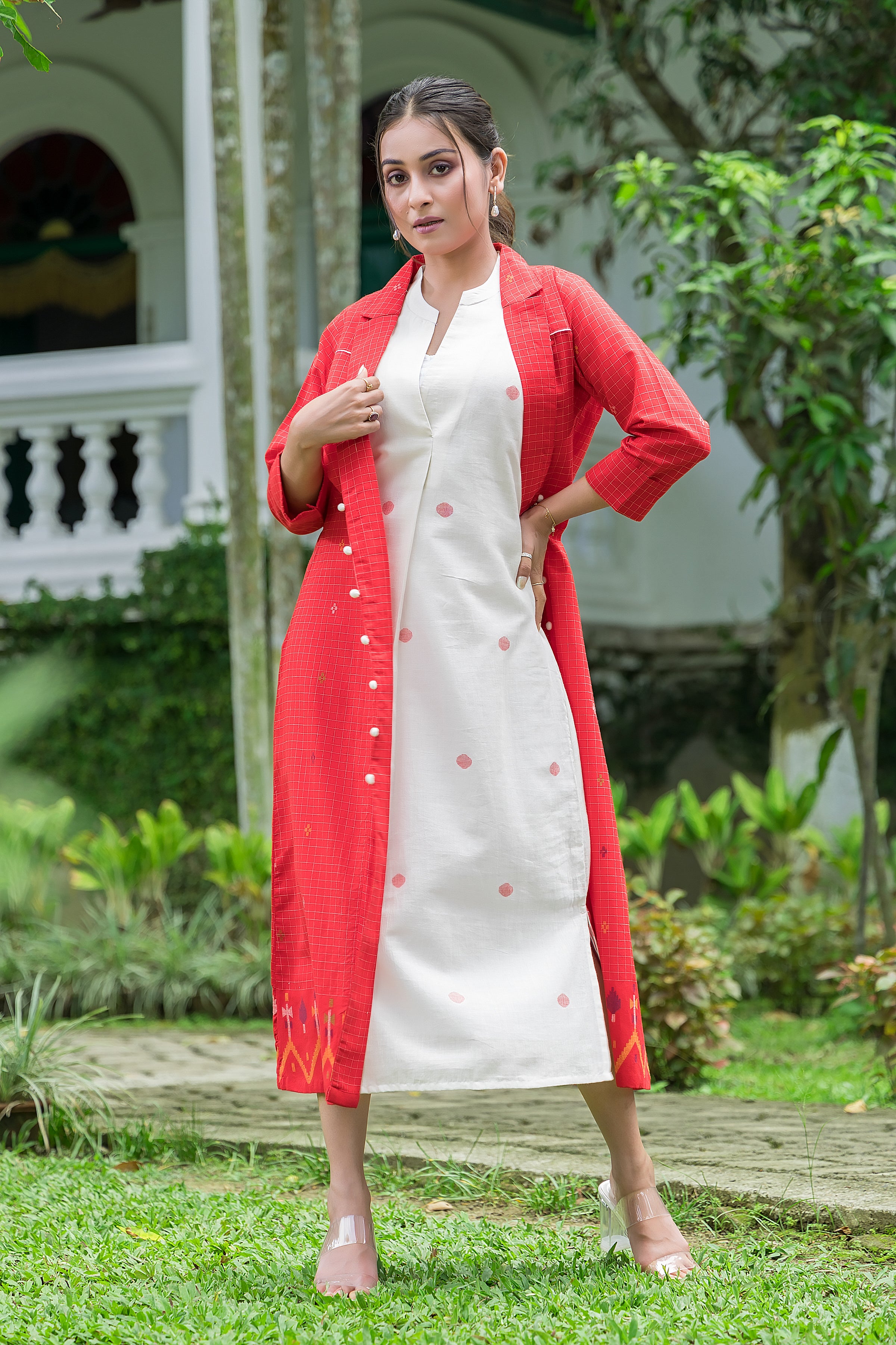 Women's Cotton White Jamdani Motif Dress With Red Shrug