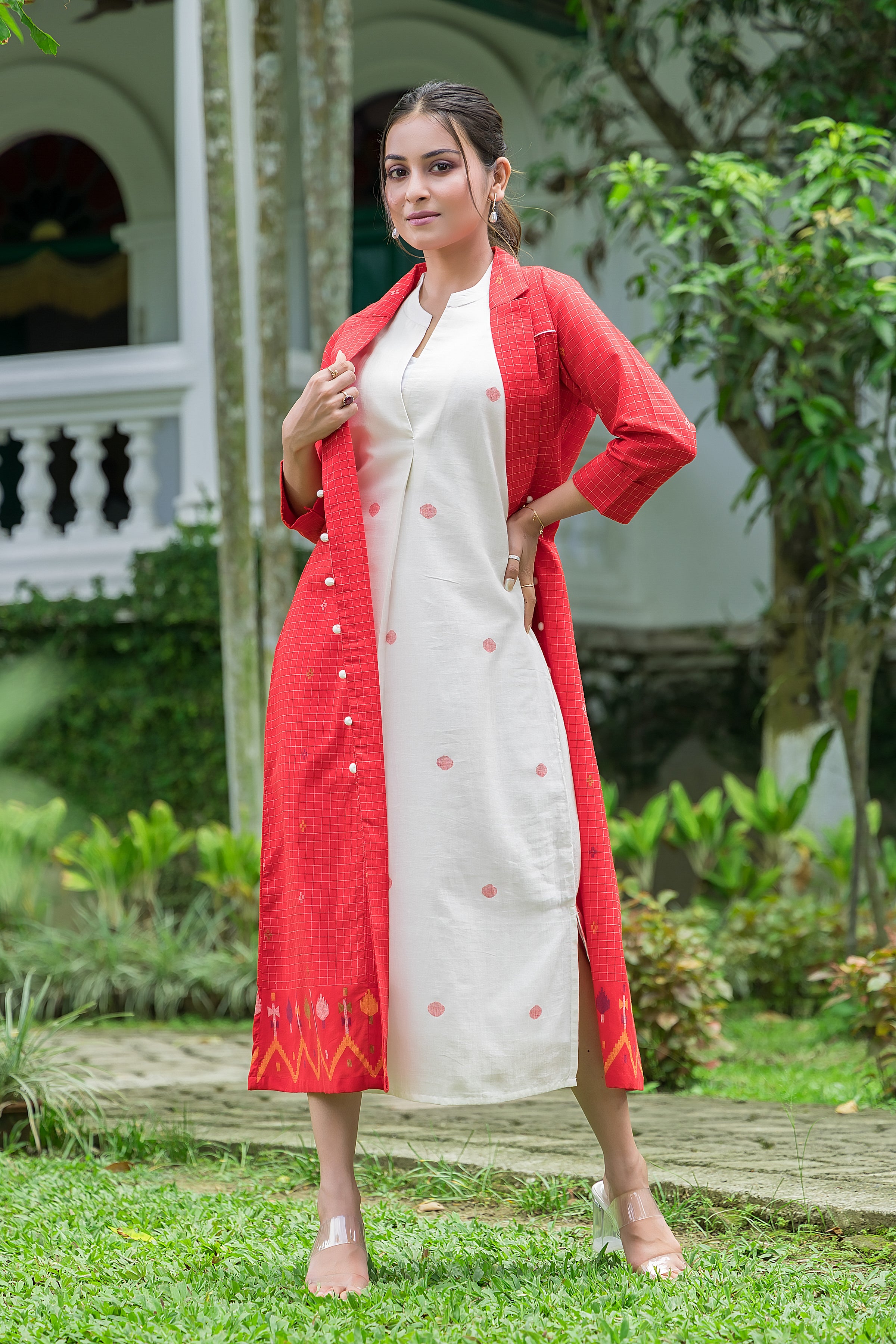 Women's Cotton White Jamdani Motif Dress With Red Shrug