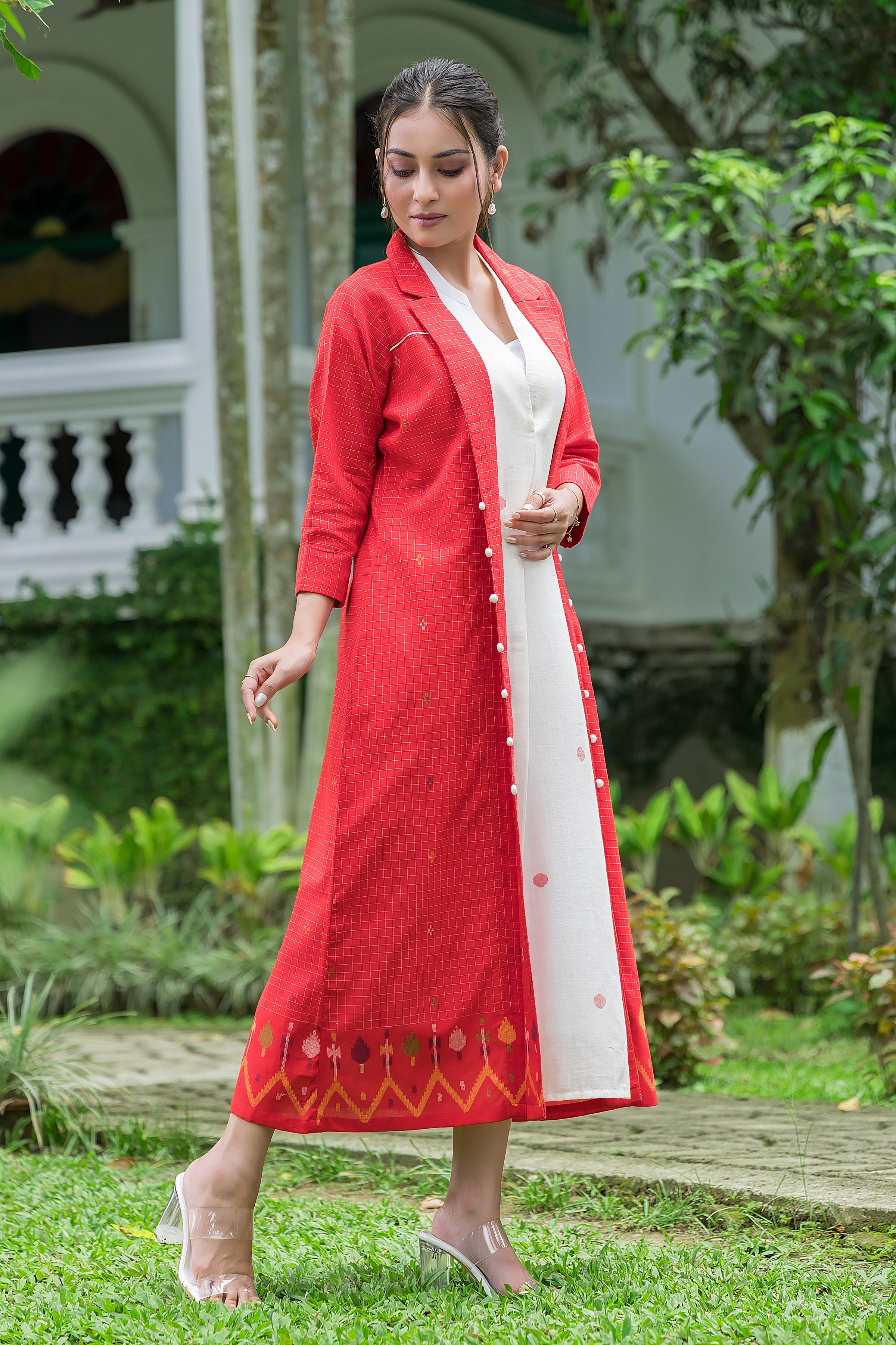 Women's Cotton White Jamdani Motif Dress With Red Shrug