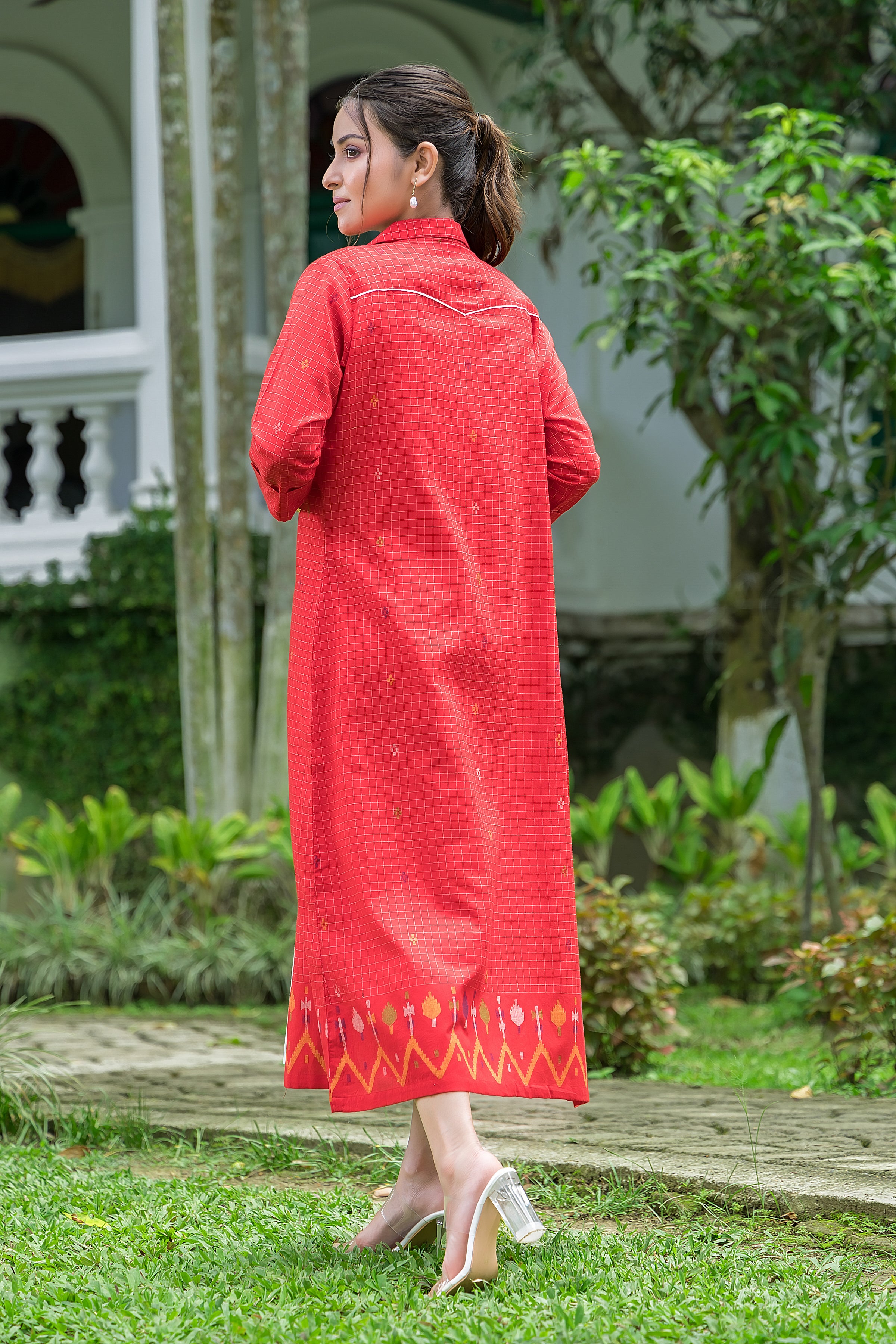 Women's Cotton White Jamdani Motif Dress With Red Shrug