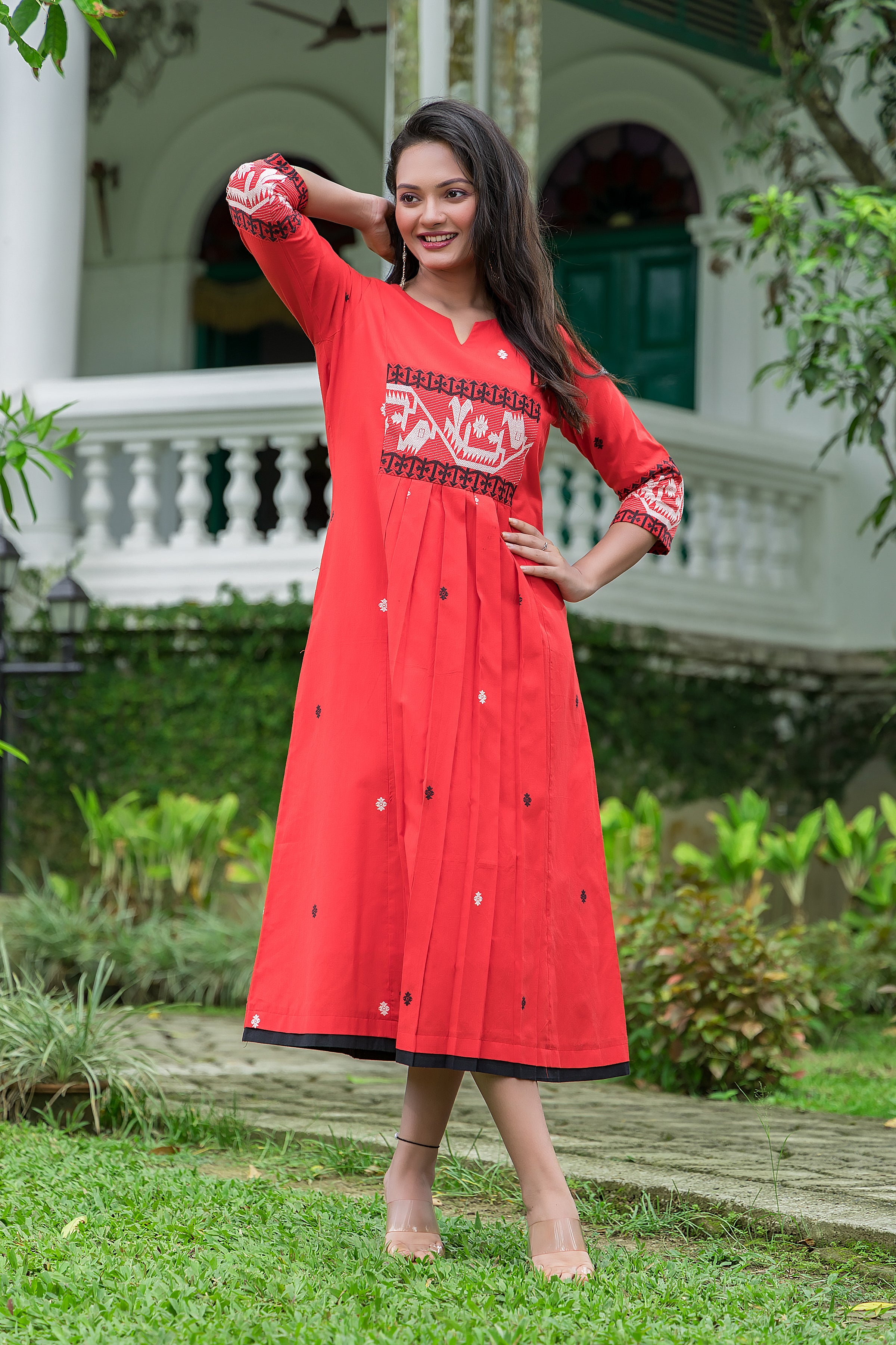 Women's Red Cotton Jamdani Dress