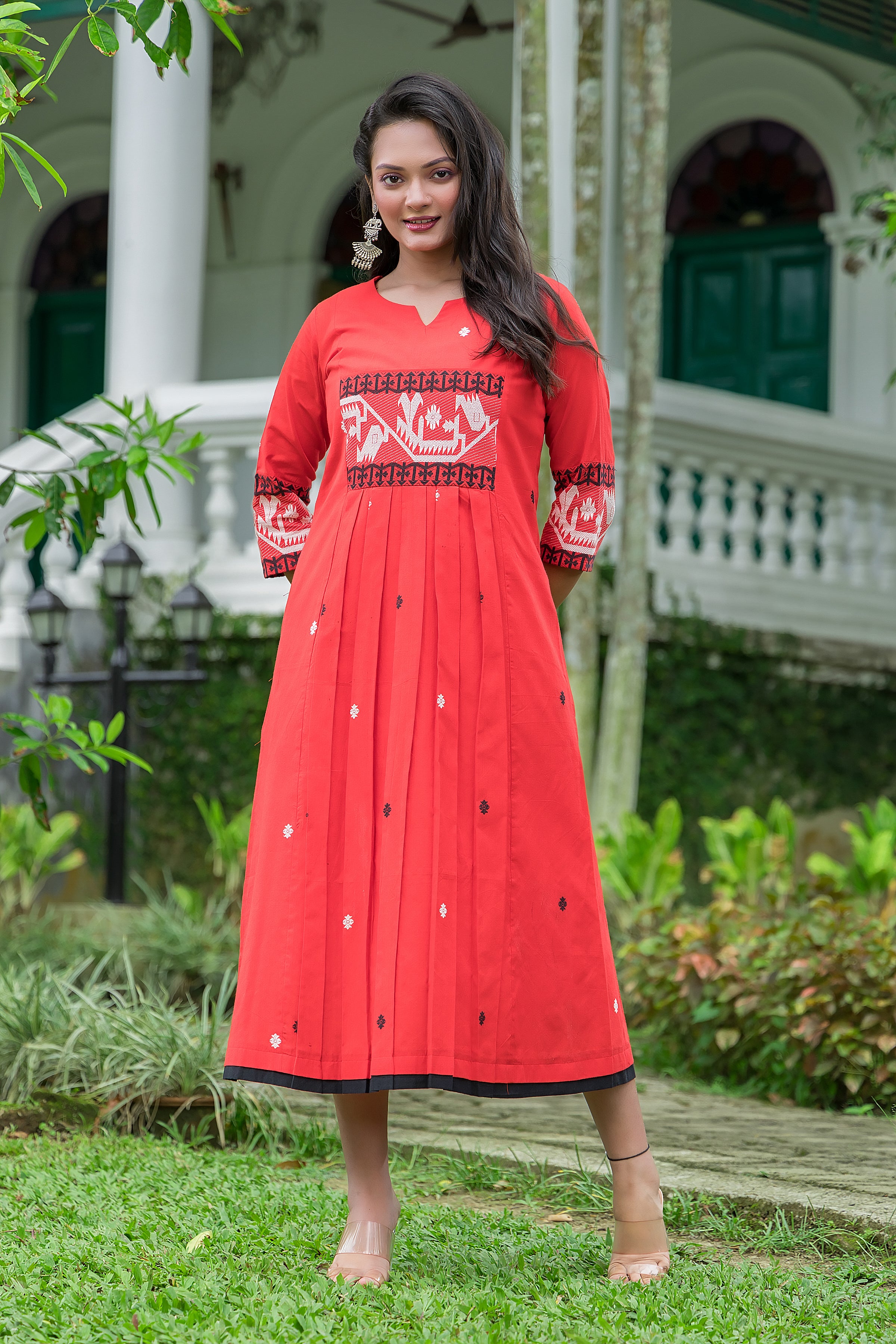 Women's Red Cotton Jamdani Dress