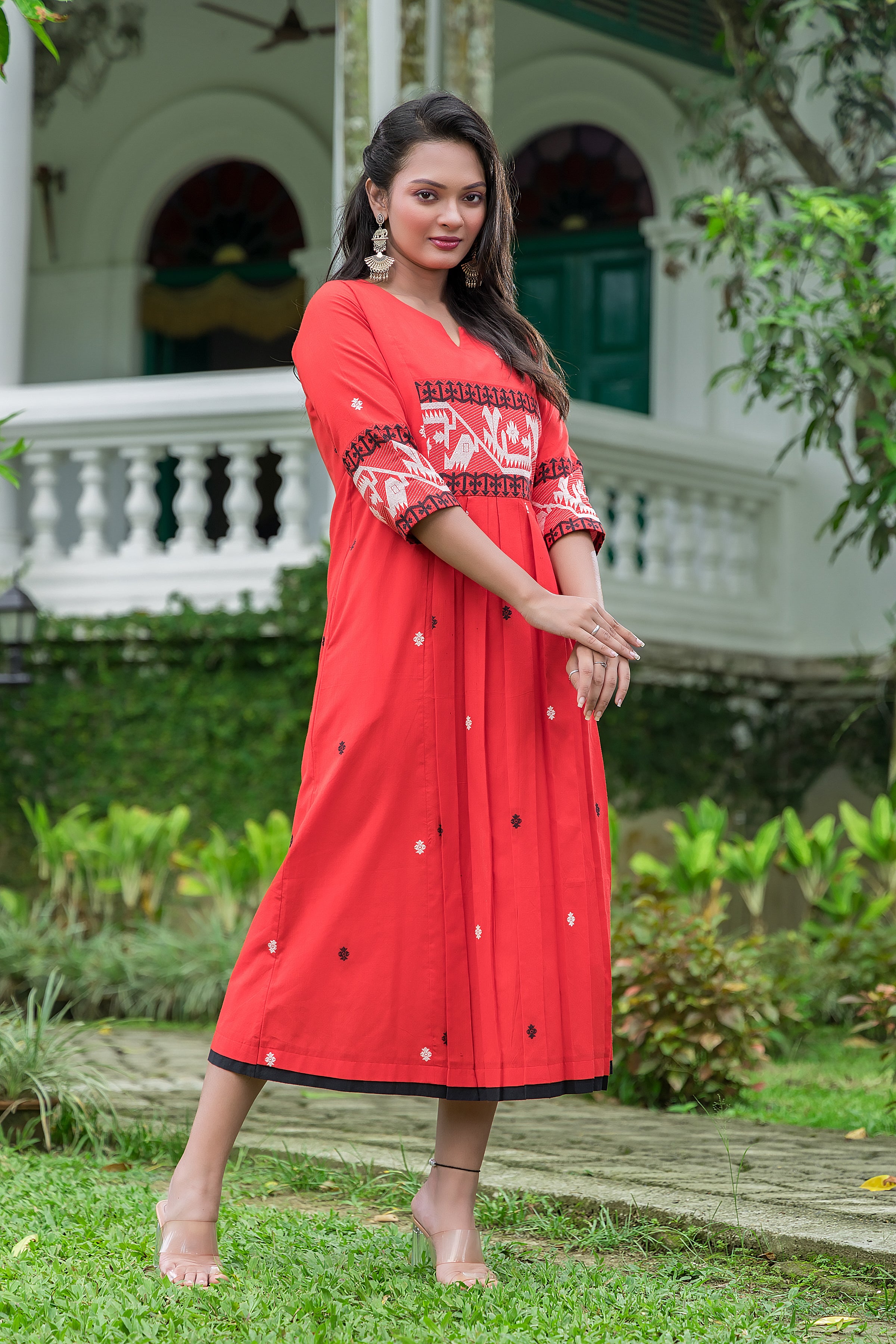 Women's Red Cotton Jamdani Dress
