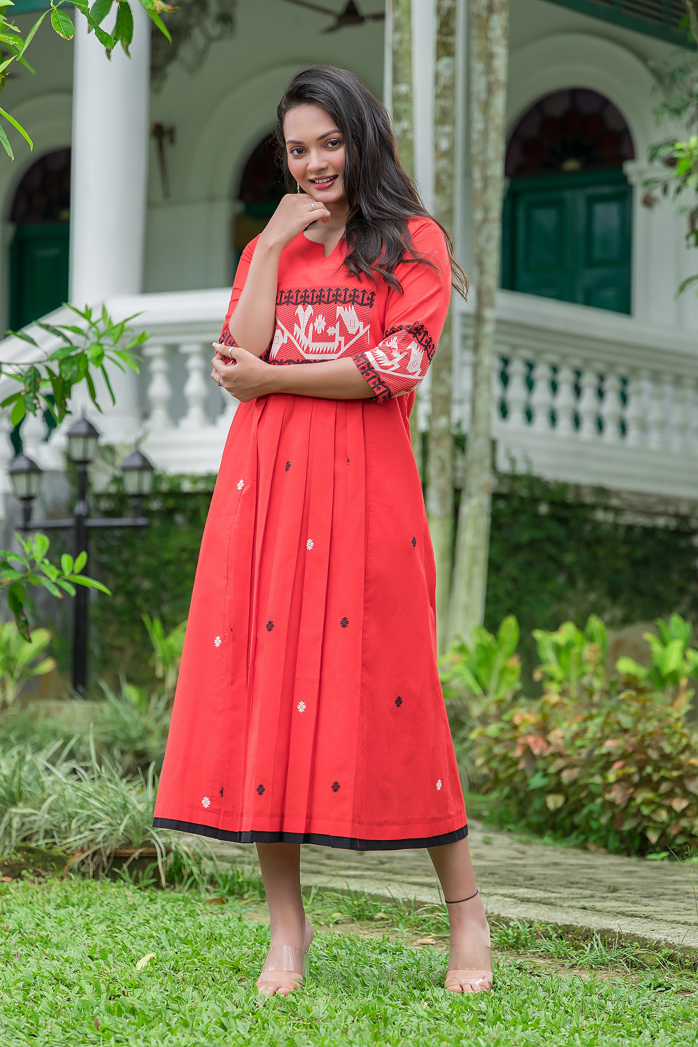 Women's Red Cotton Jamdani Dress