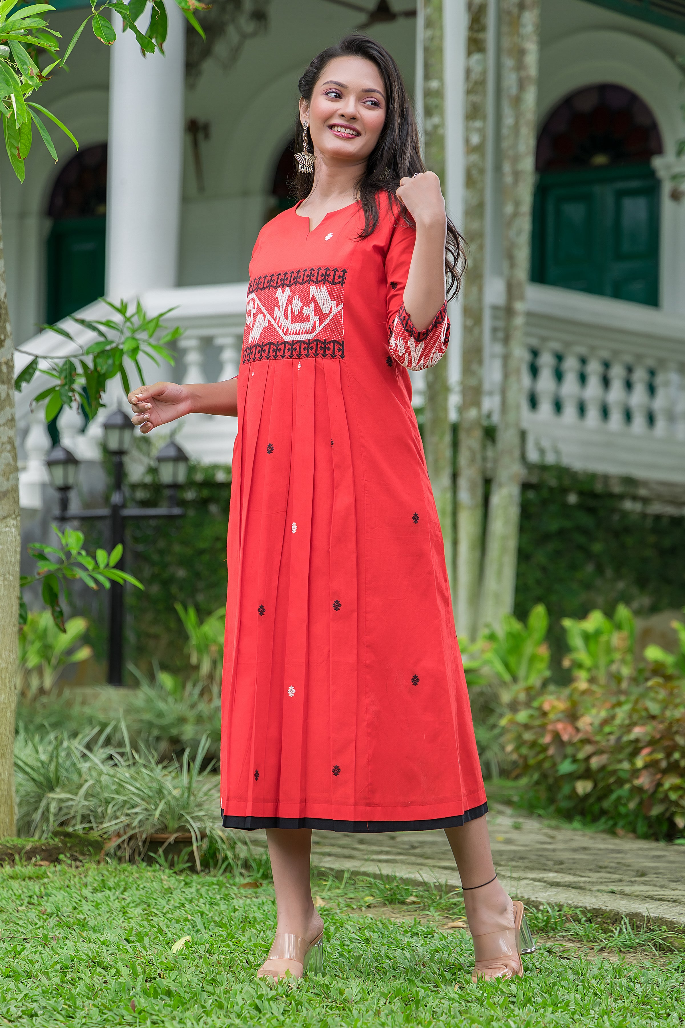 Women's Red Cotton Jamdani Dress