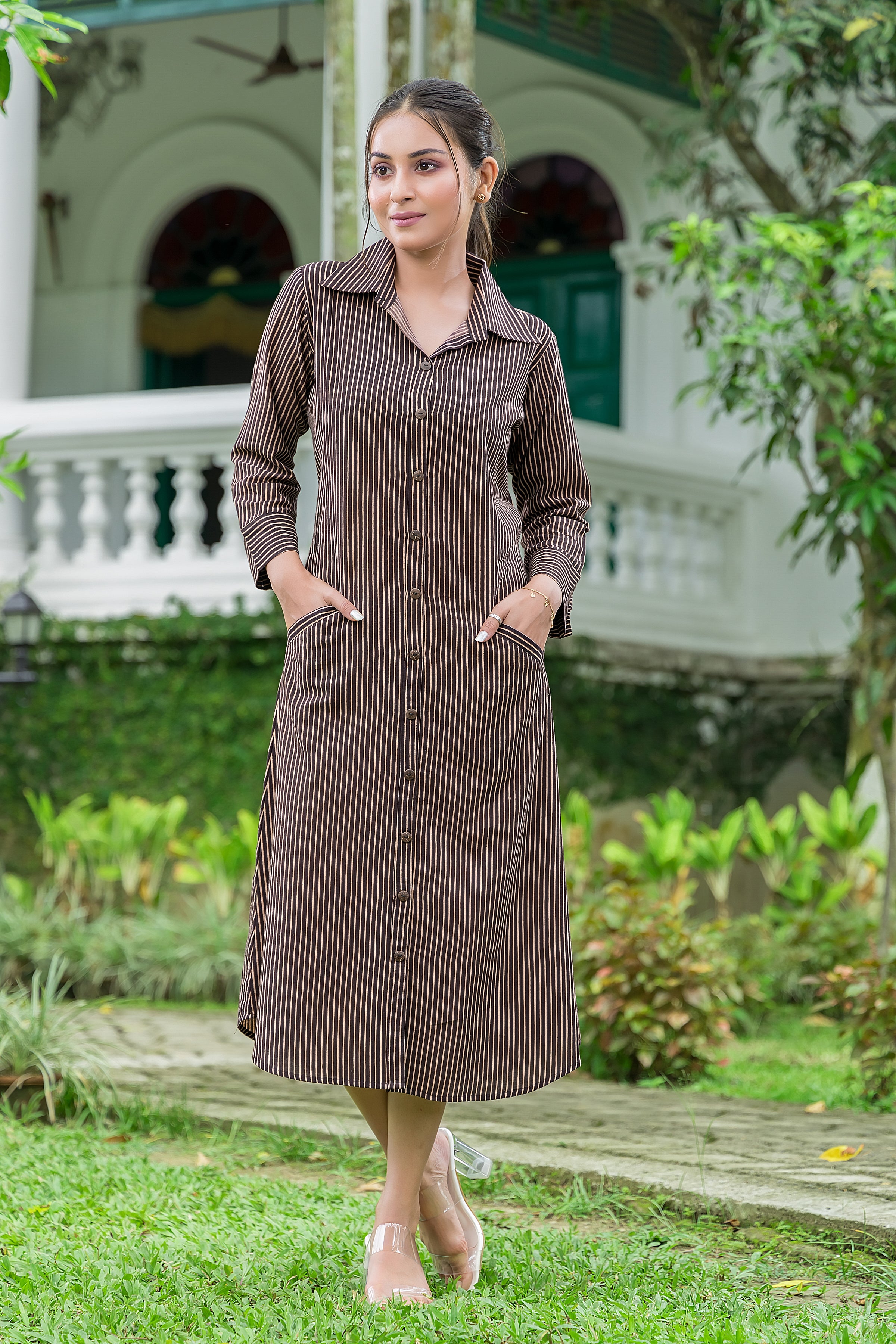 Women's Cotton Black Shirt Collar Dress
