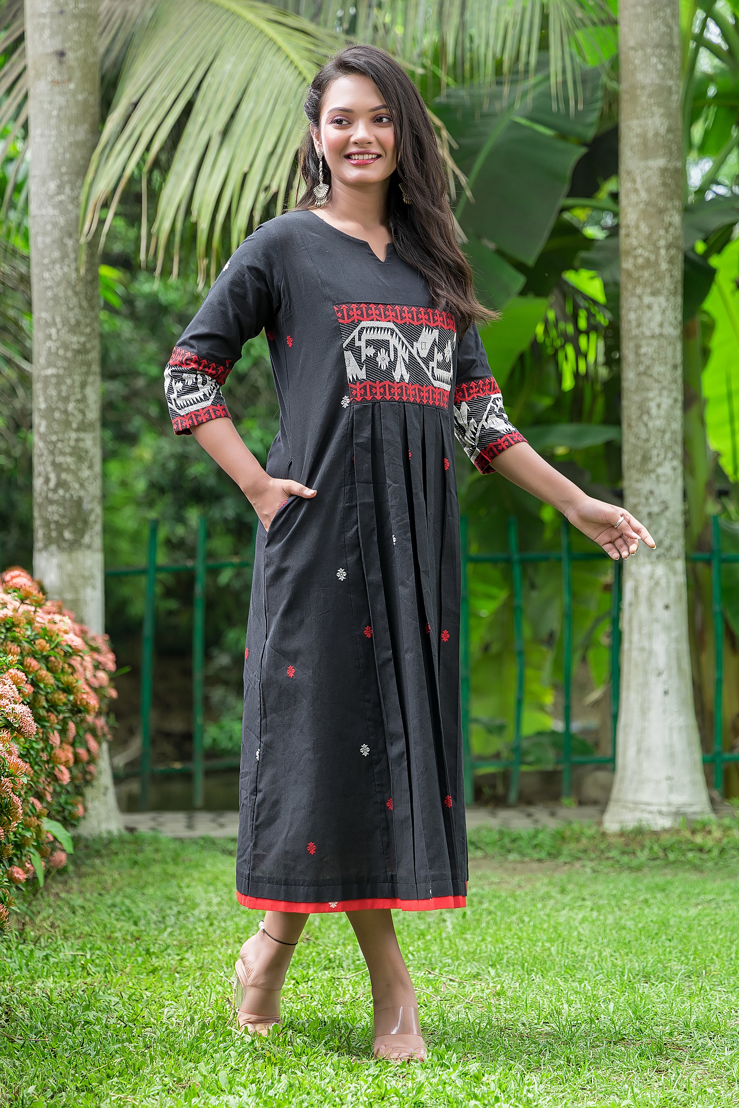 Women's Black Cotton Jamdani Dress