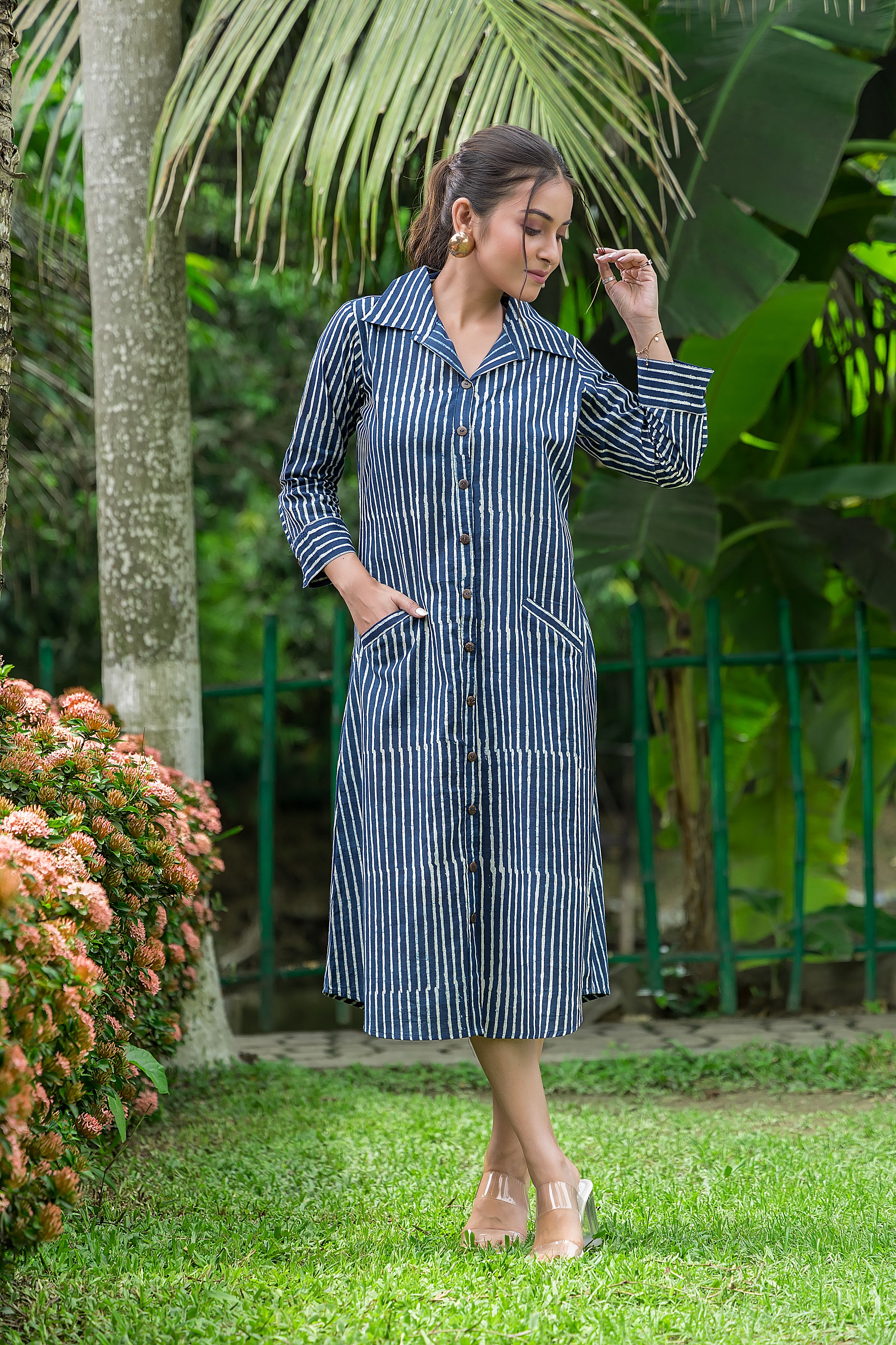 Women's Cotton Navy Blue Shirt Collar Dress
