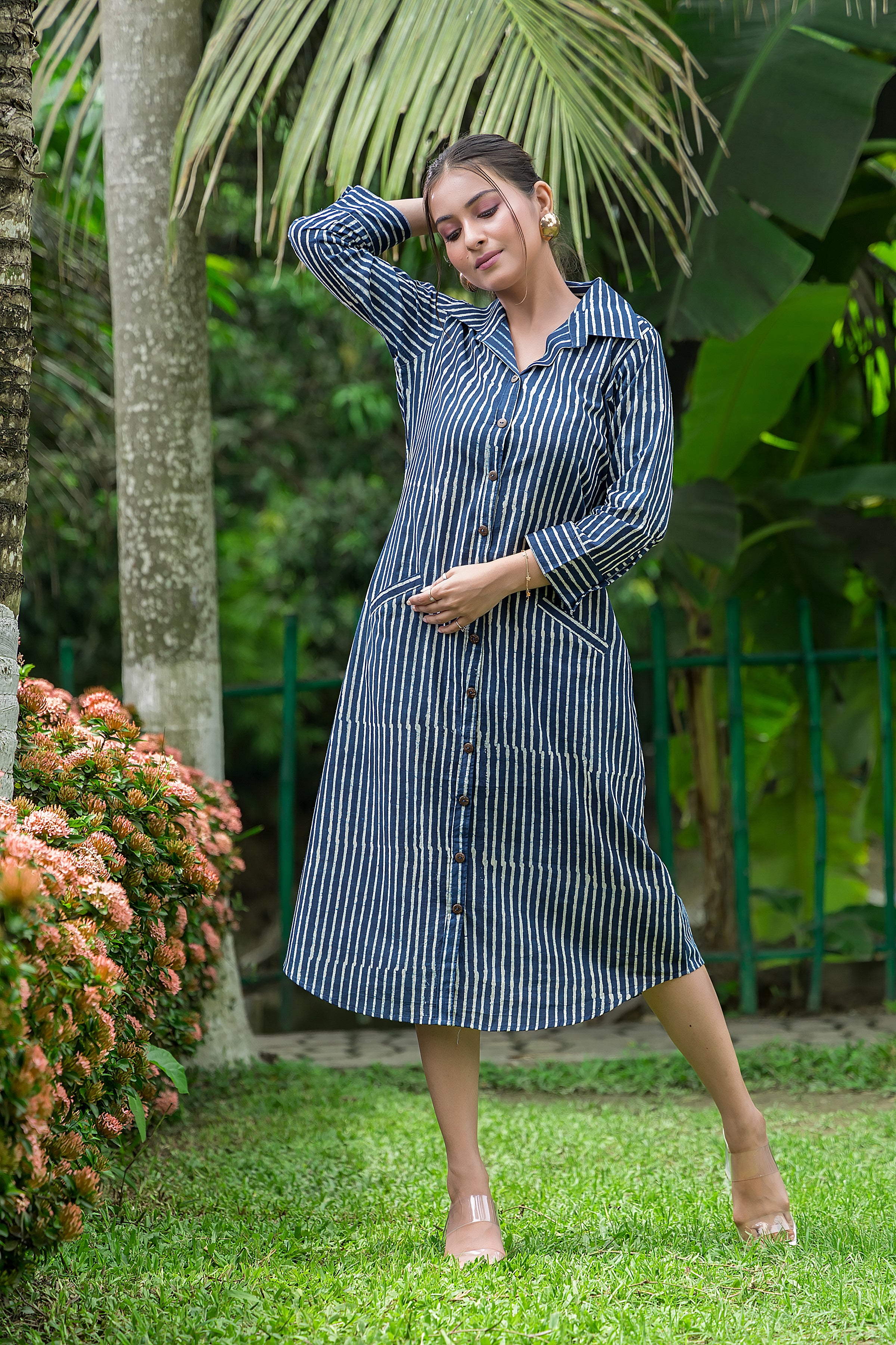 Women's Cotton Navy Blue Shirt Collar Dress