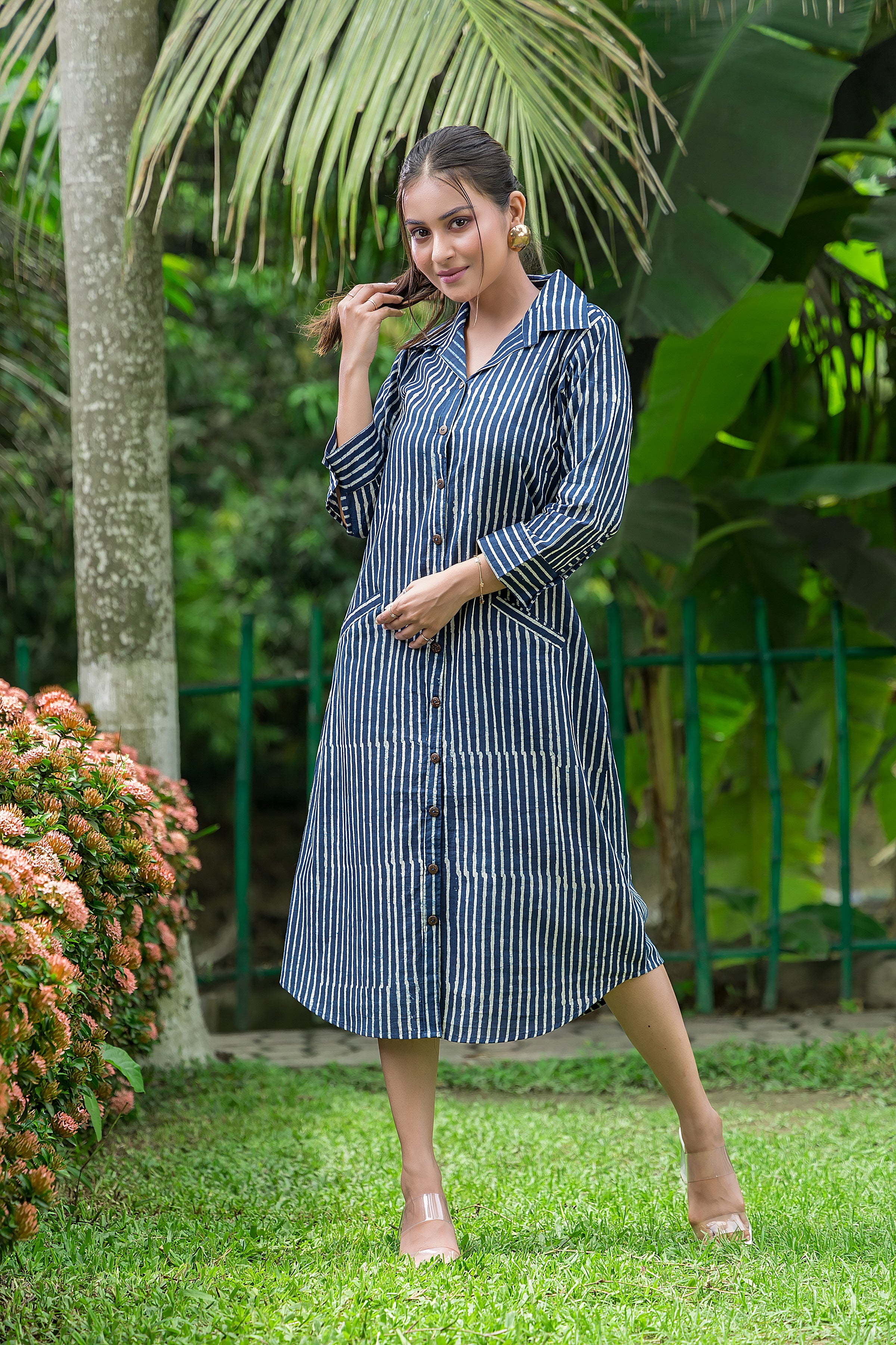 Women's Cotton Navy Blue Shirt Collar Dress