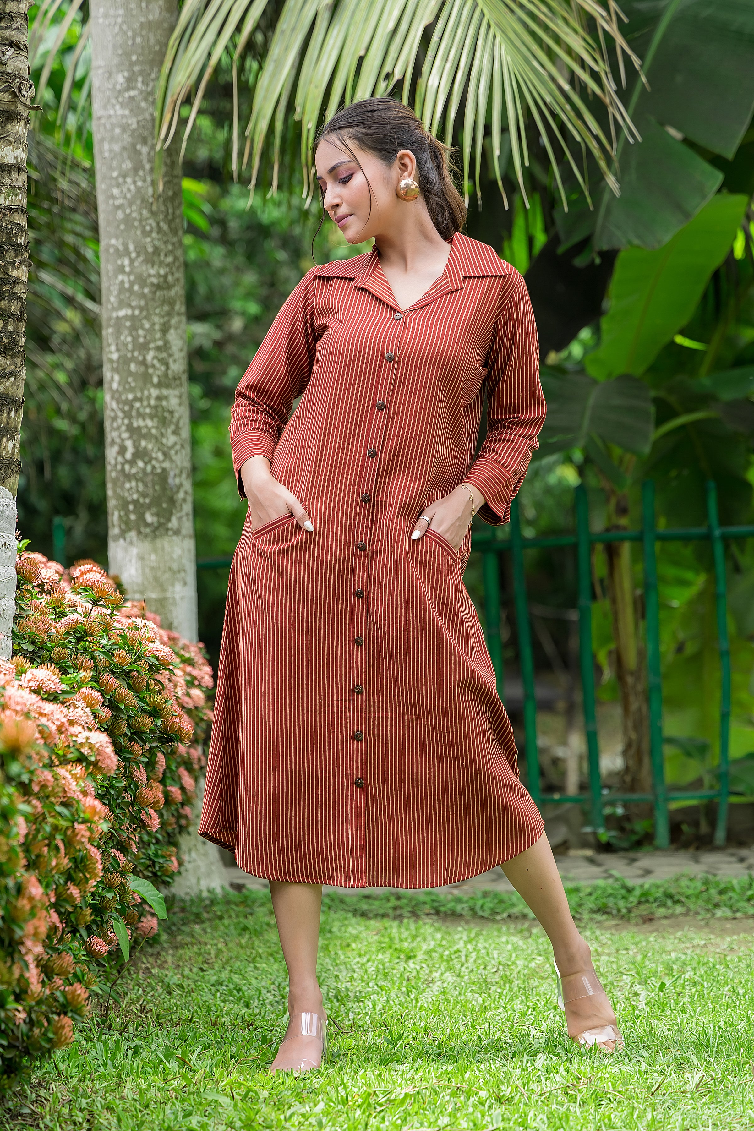 Women's Cotton Maroon Shirt Collar Dress