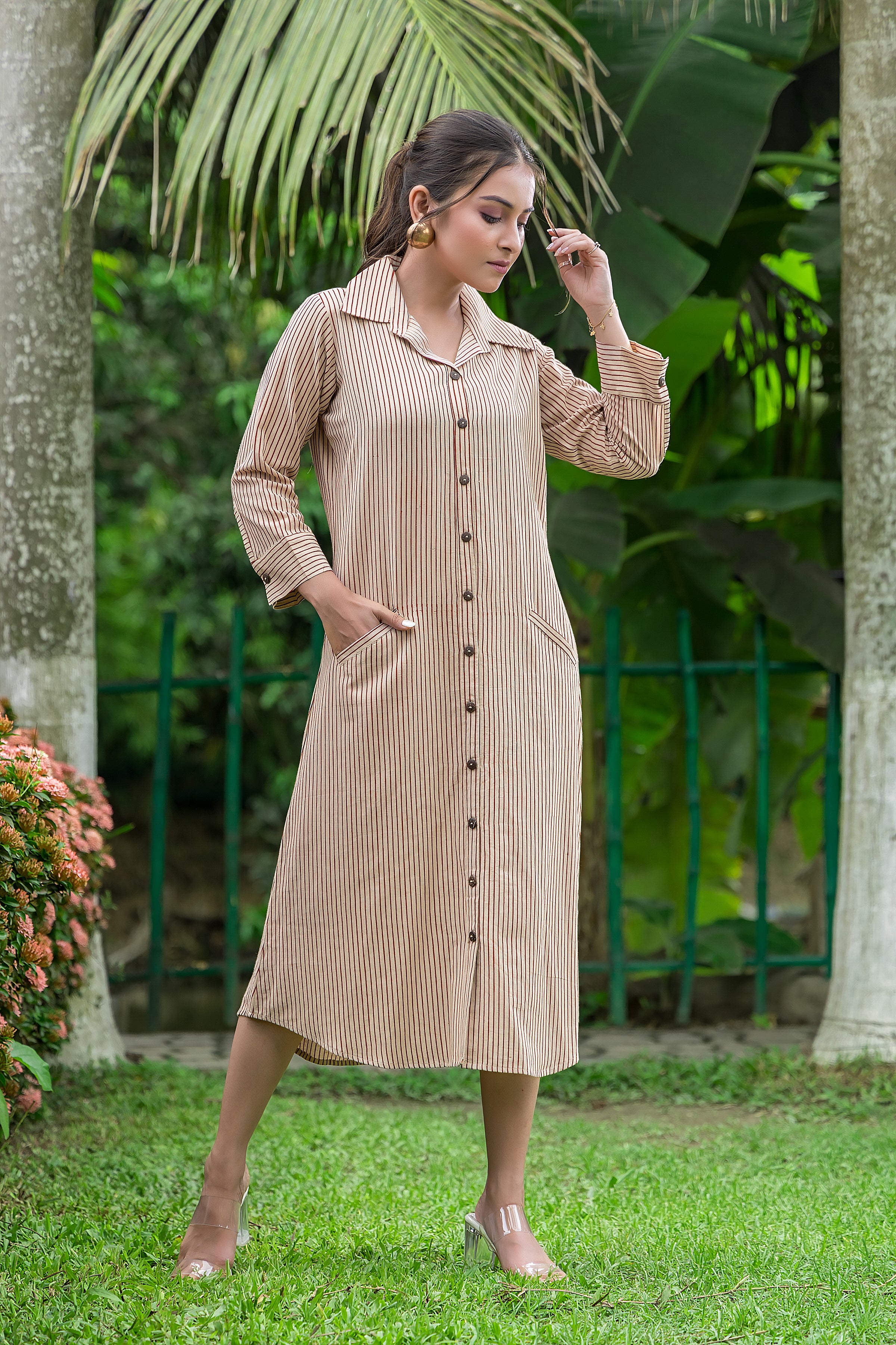 Women's Off White Striped Shirt Collar Dress