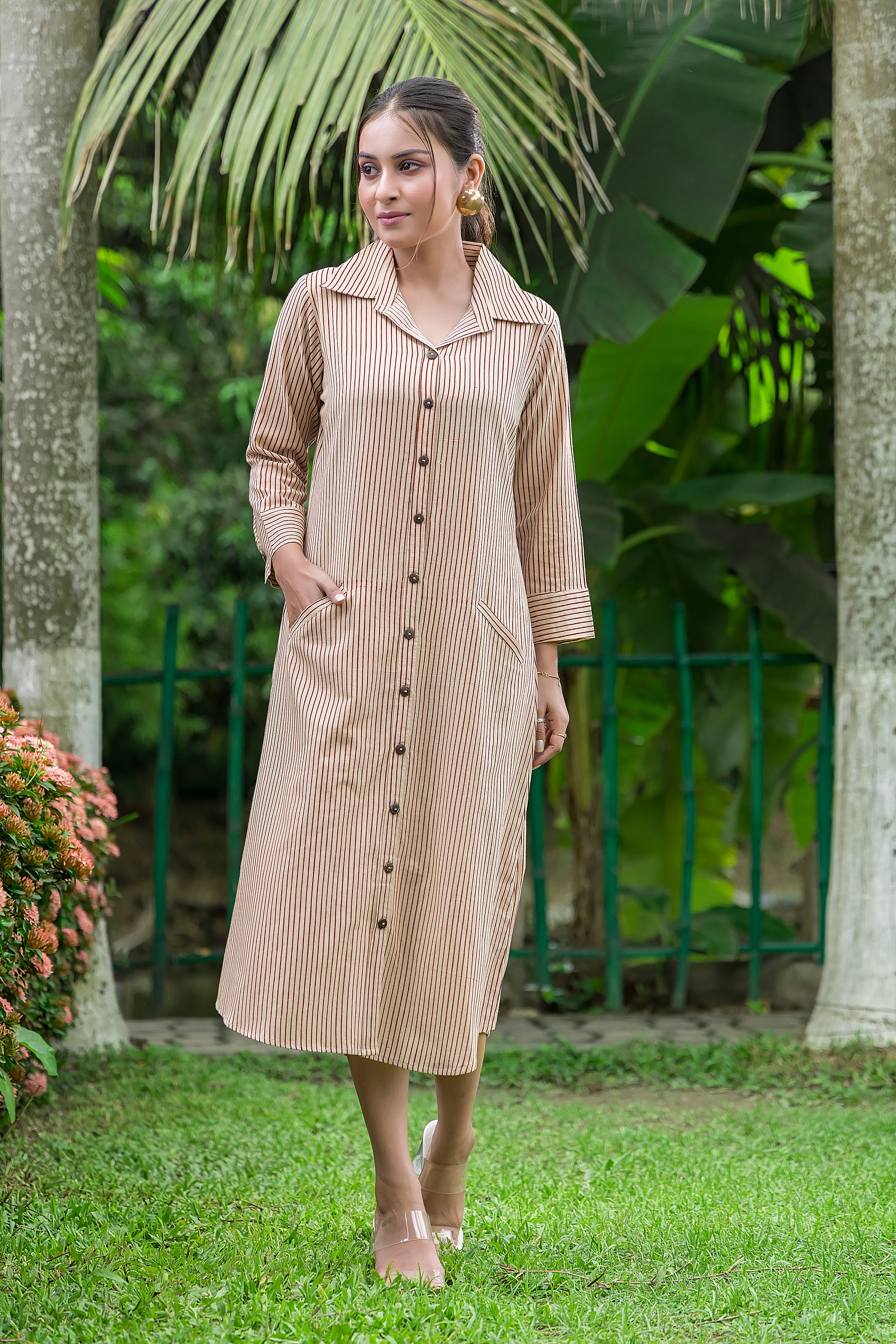 Women's Off White Striped Shirt Collar Dress
