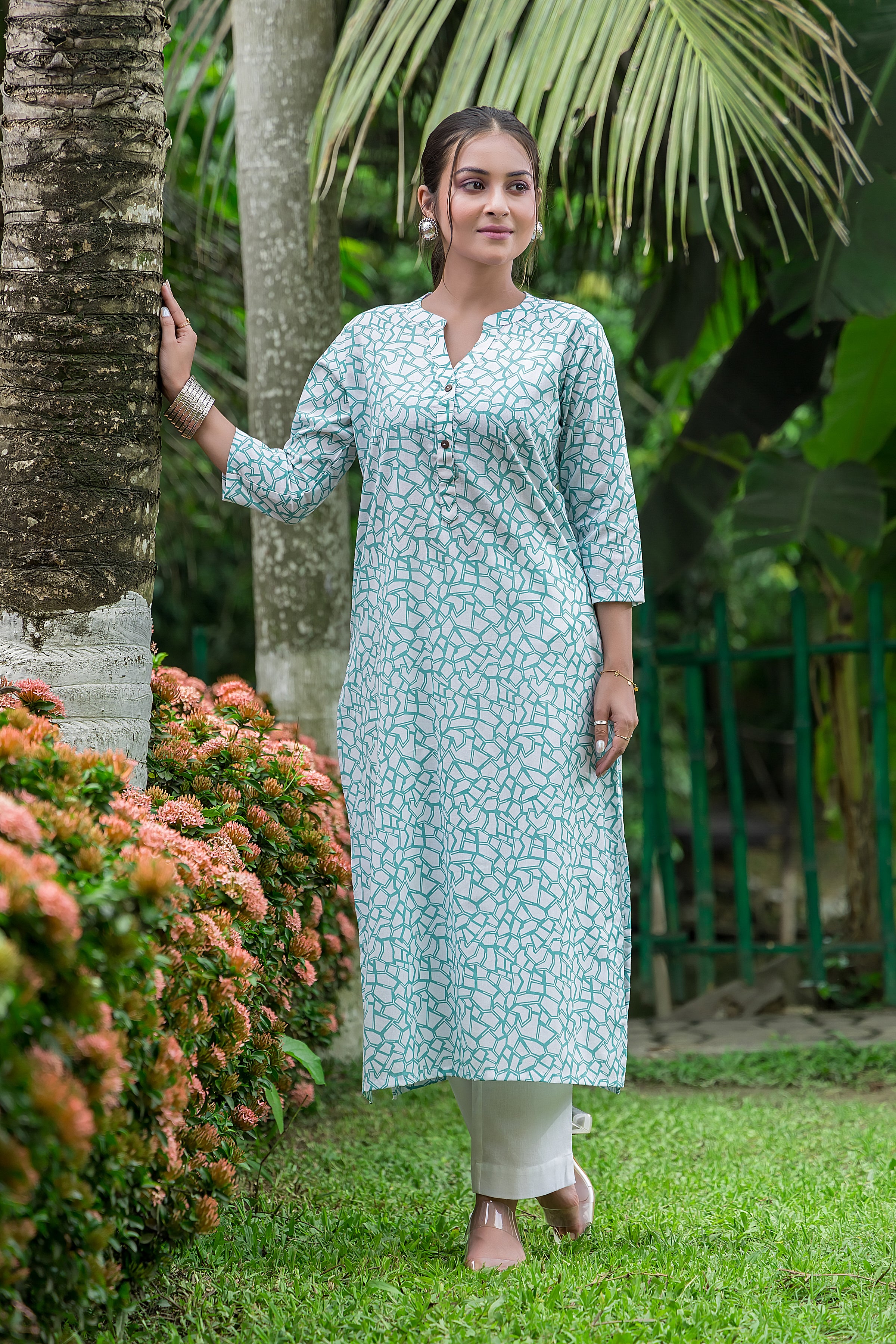 Coral Green Geometric Printed Kurta