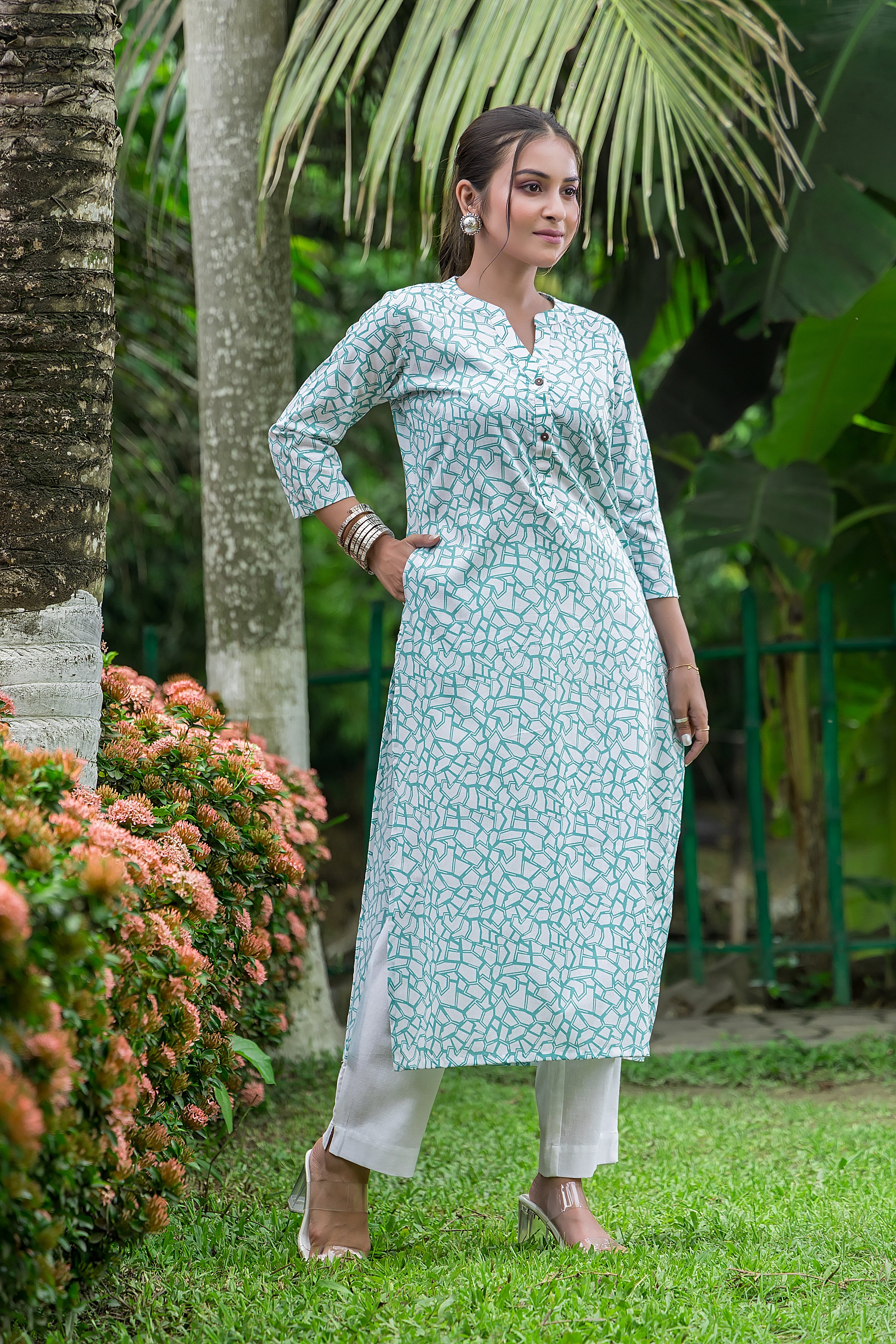Coral Green Geometric Printed Kurta