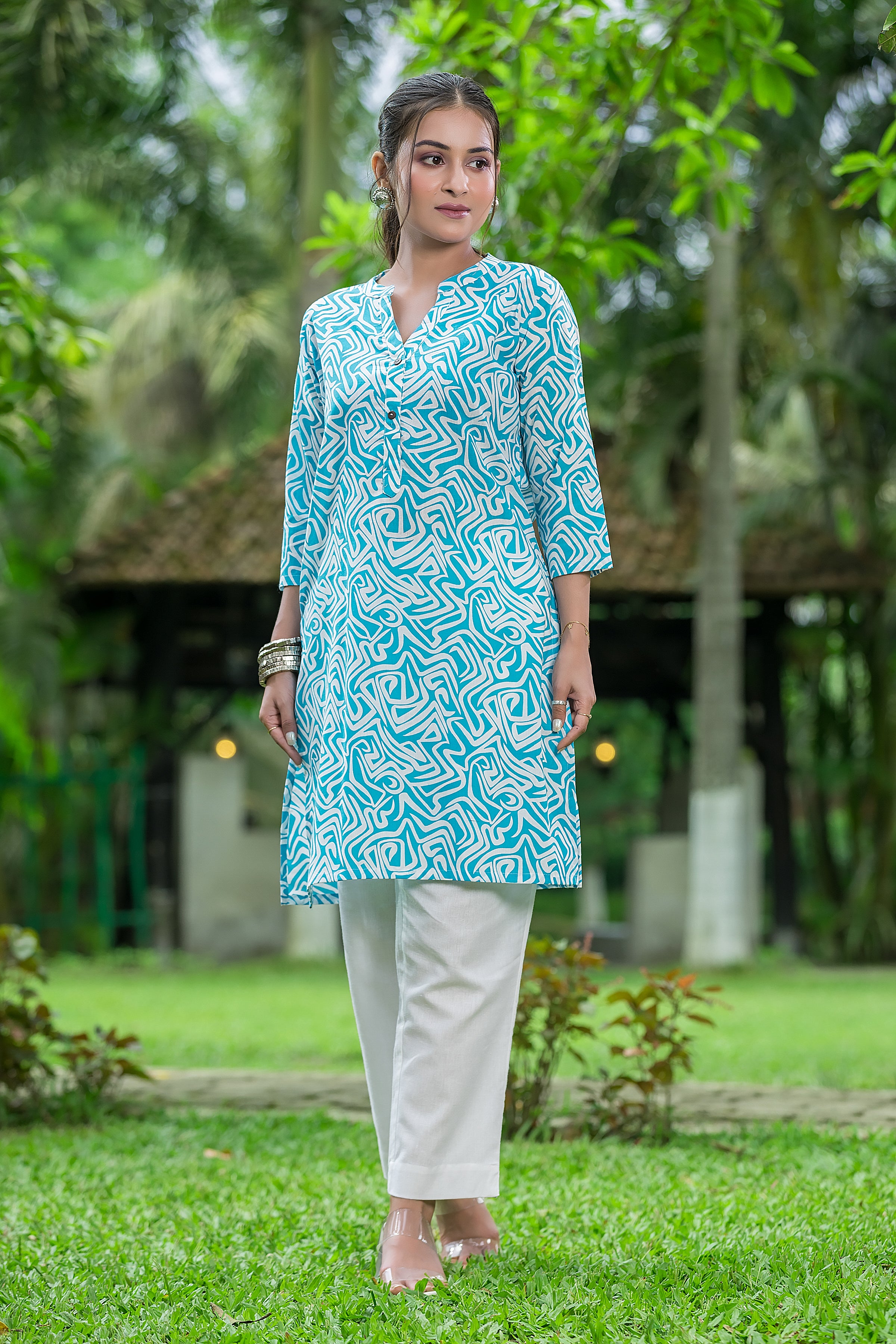 Women's Sky Blue Mandarin Collar Cotton Top