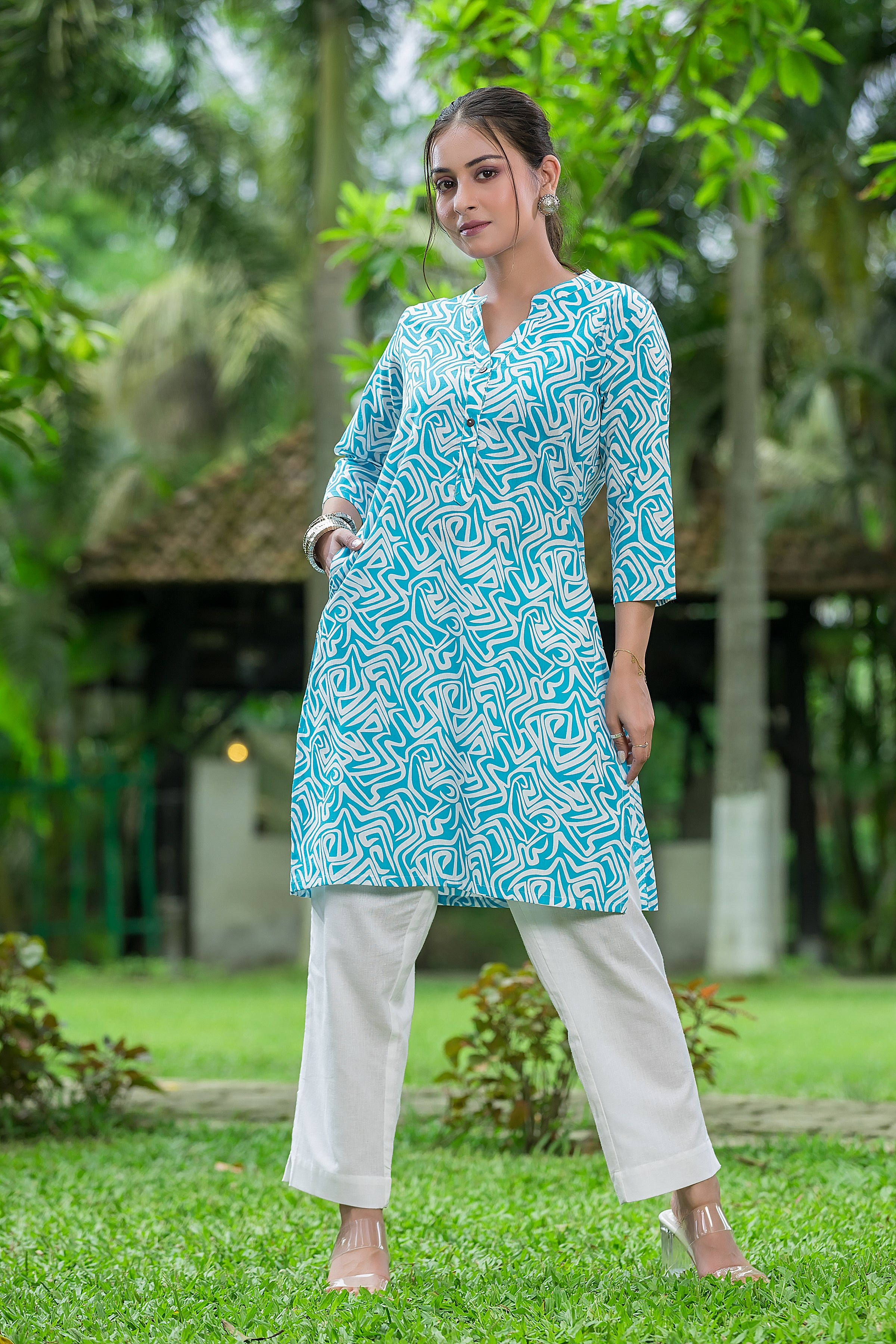 Women's Sky Blue Mandarin Collar Cotton Top