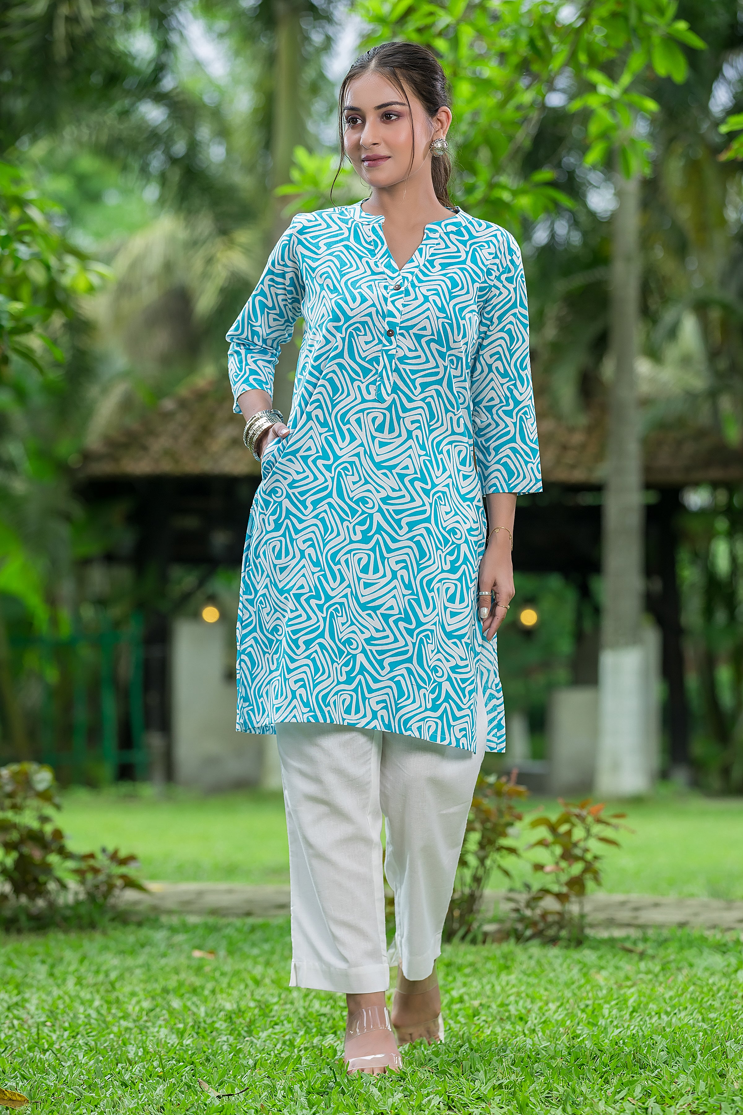 Women's Sky Blue Mandarin Collar Cotton Top