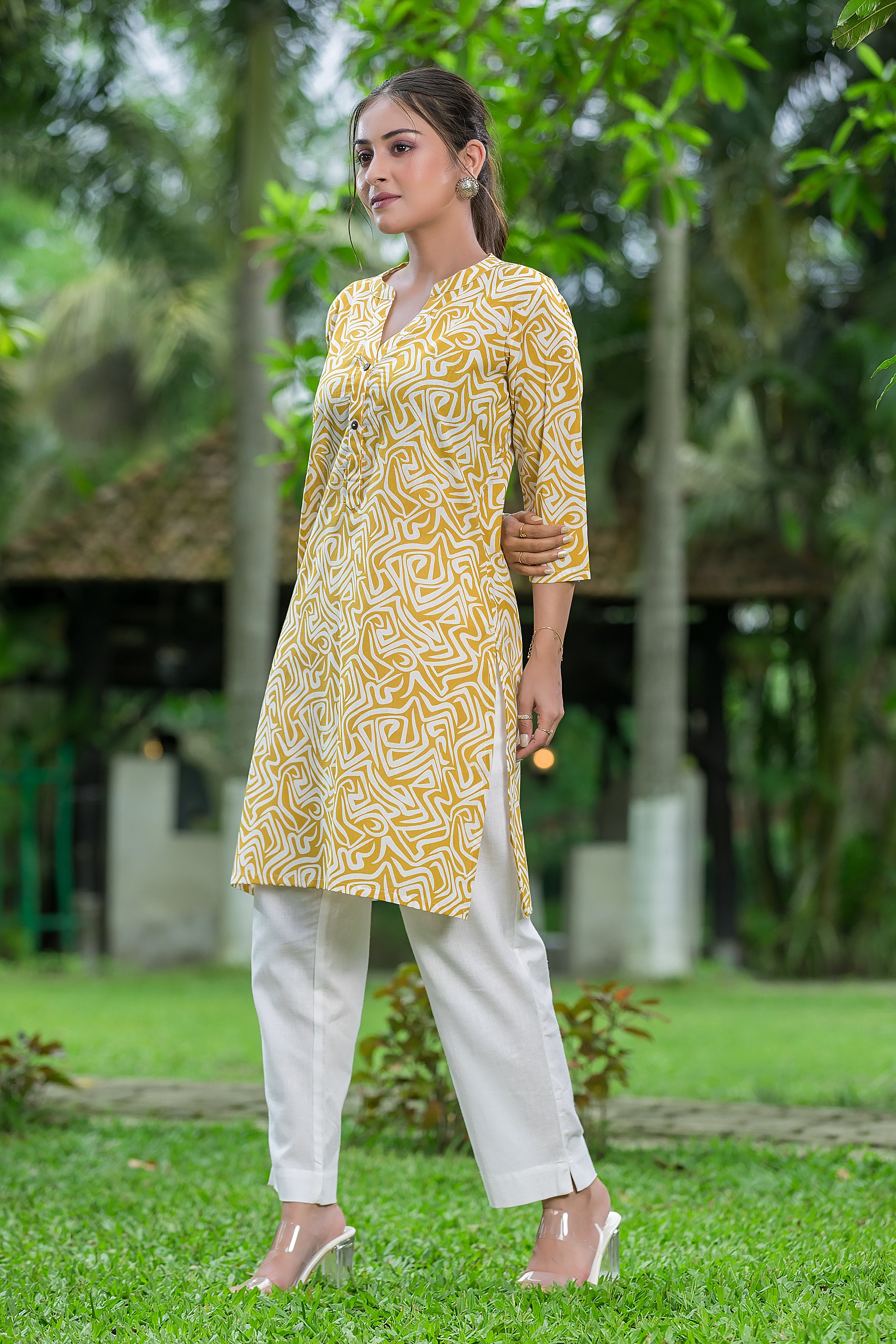 Women's Yellow Mandarin Collar Cotton Top