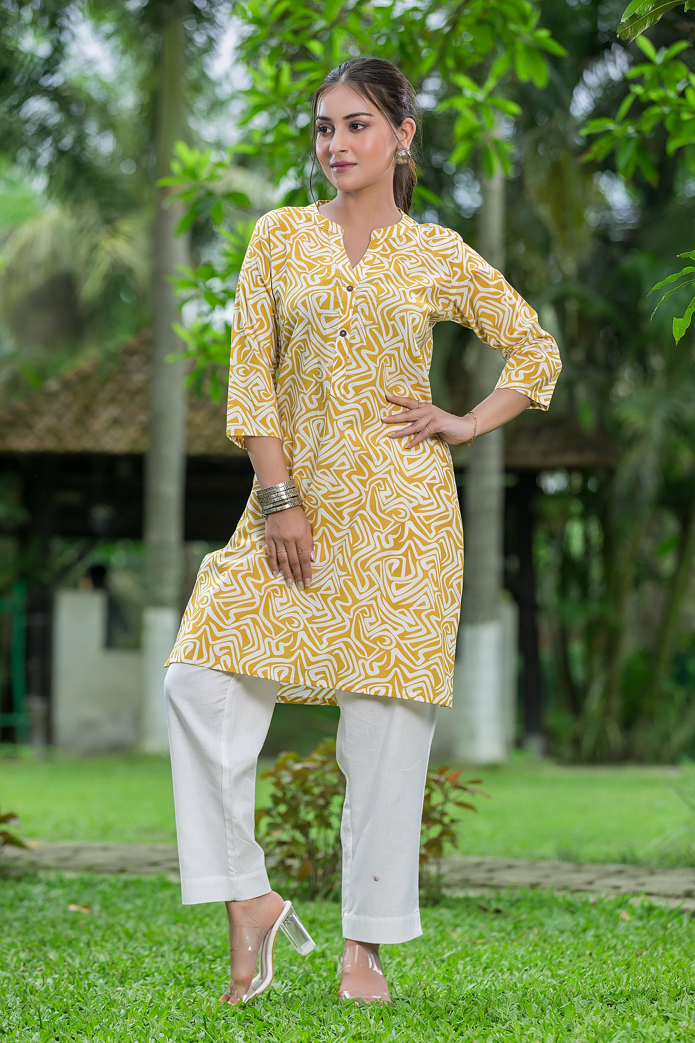 Women's Yellow Mandarin Collar Cotton Top