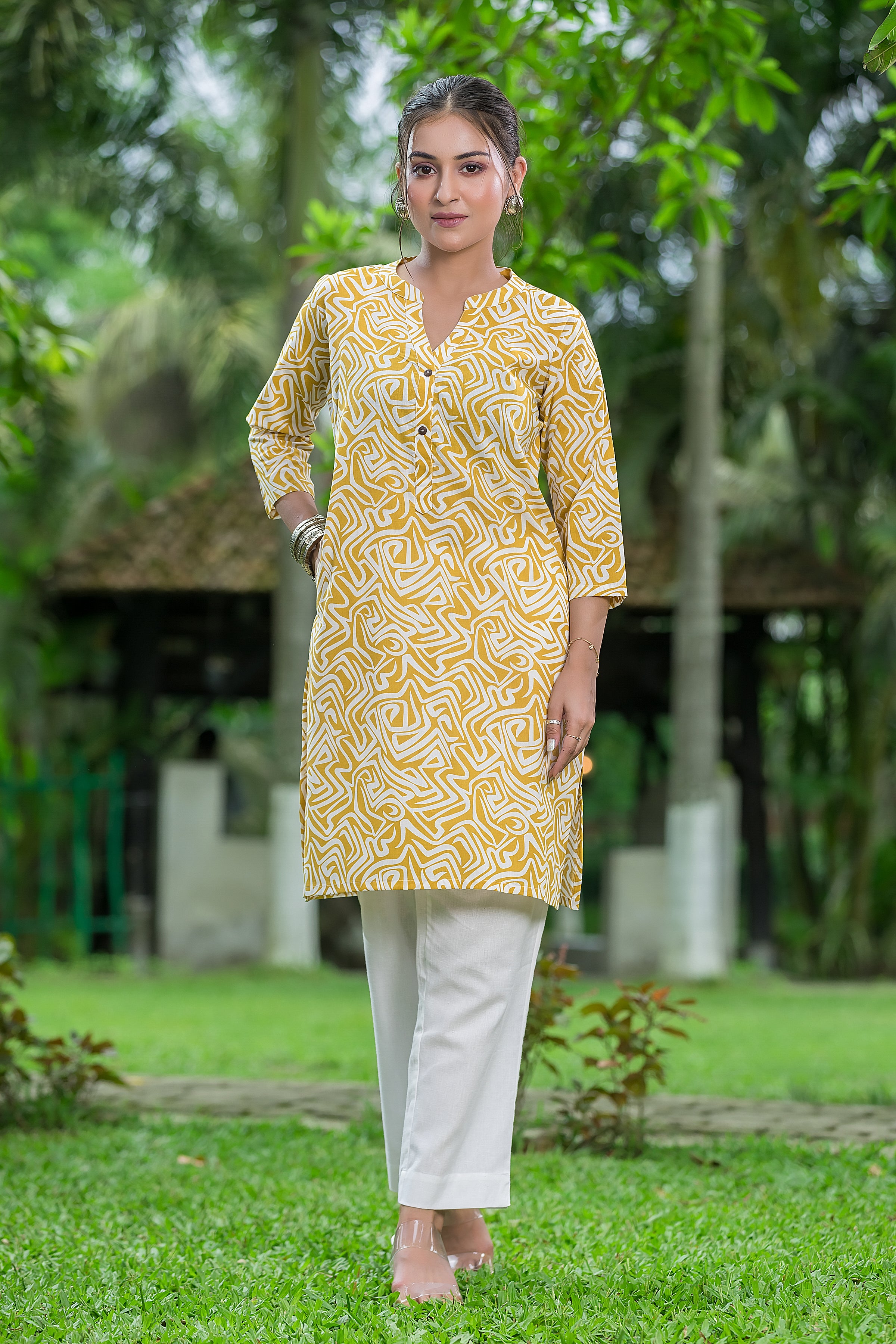 Women's Yellow Mandarin Collar Cotton Top