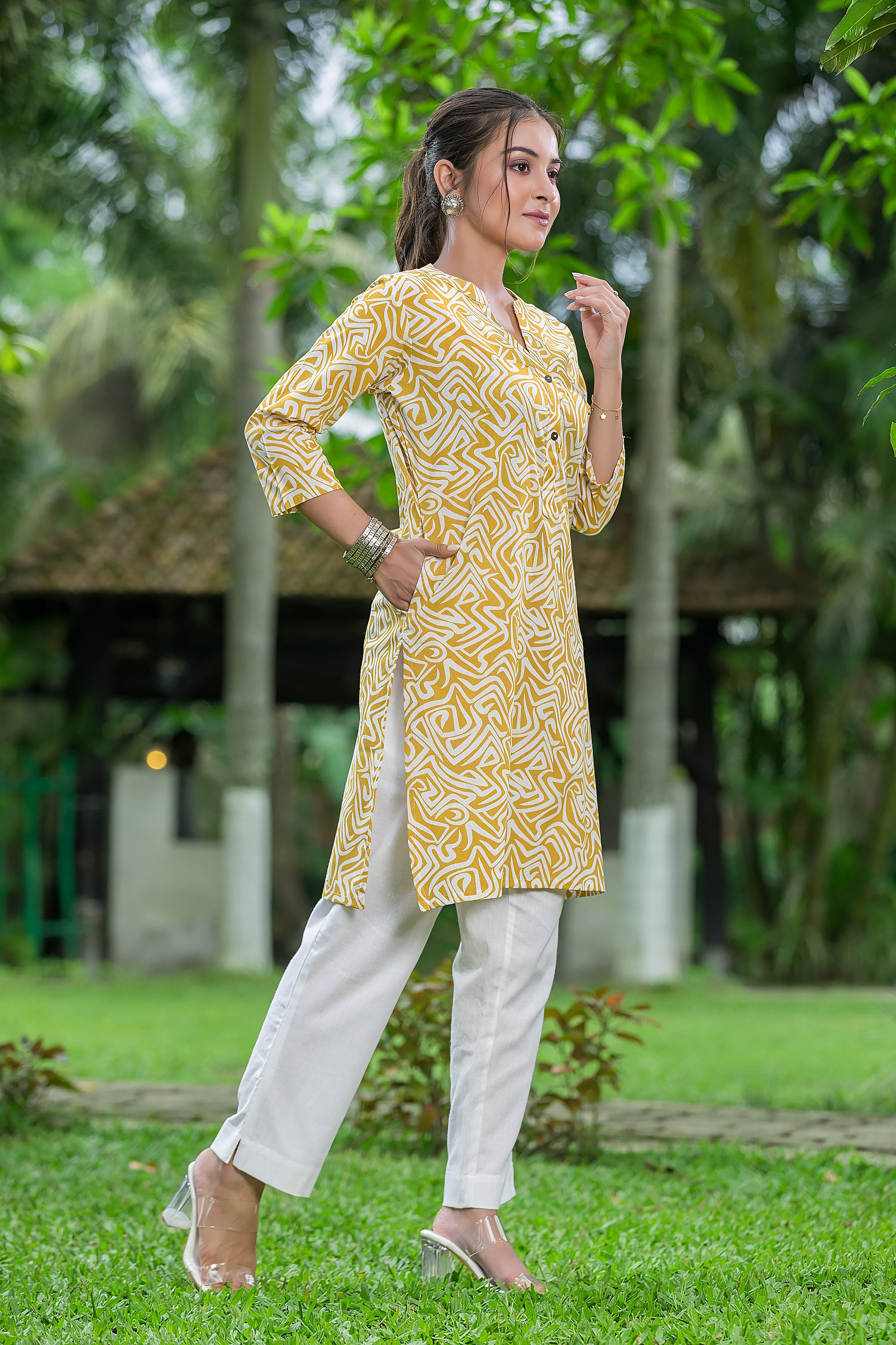 Women's Yellow Mandarin Collar Cotton Top