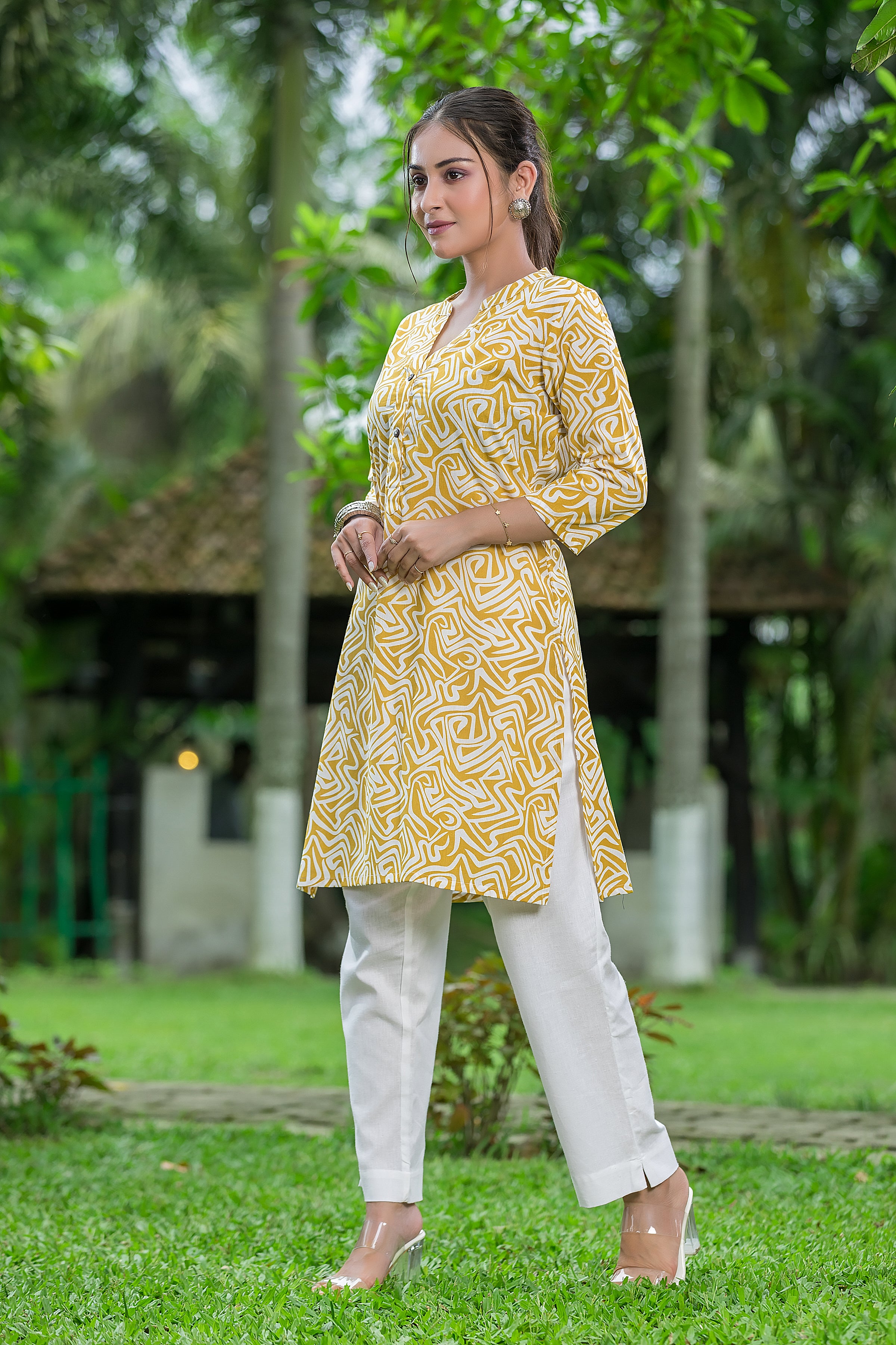 Women's Yellow Mandarin Collar Cotton Top