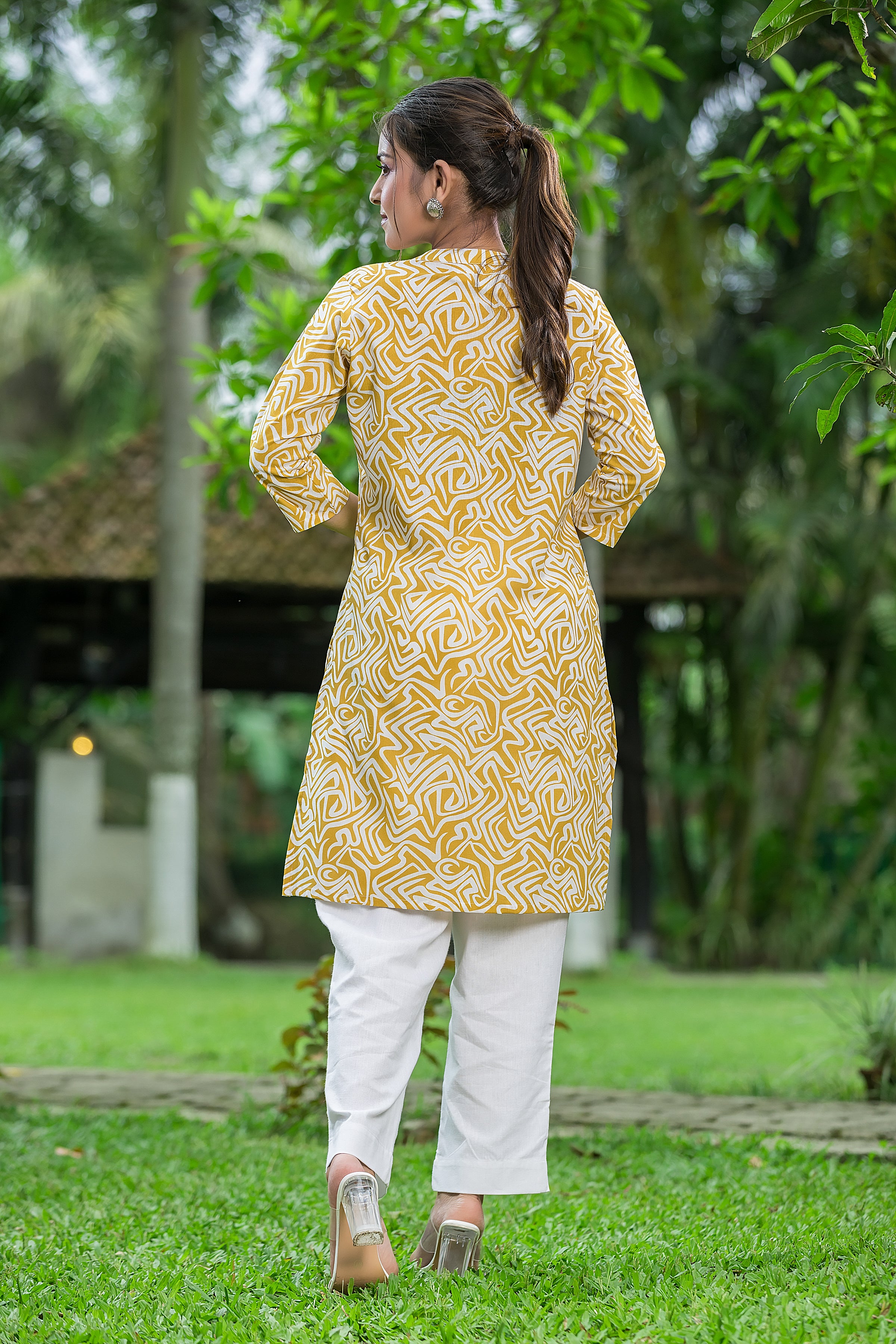 Women's Yellow Mandarin Collar Cotton Top