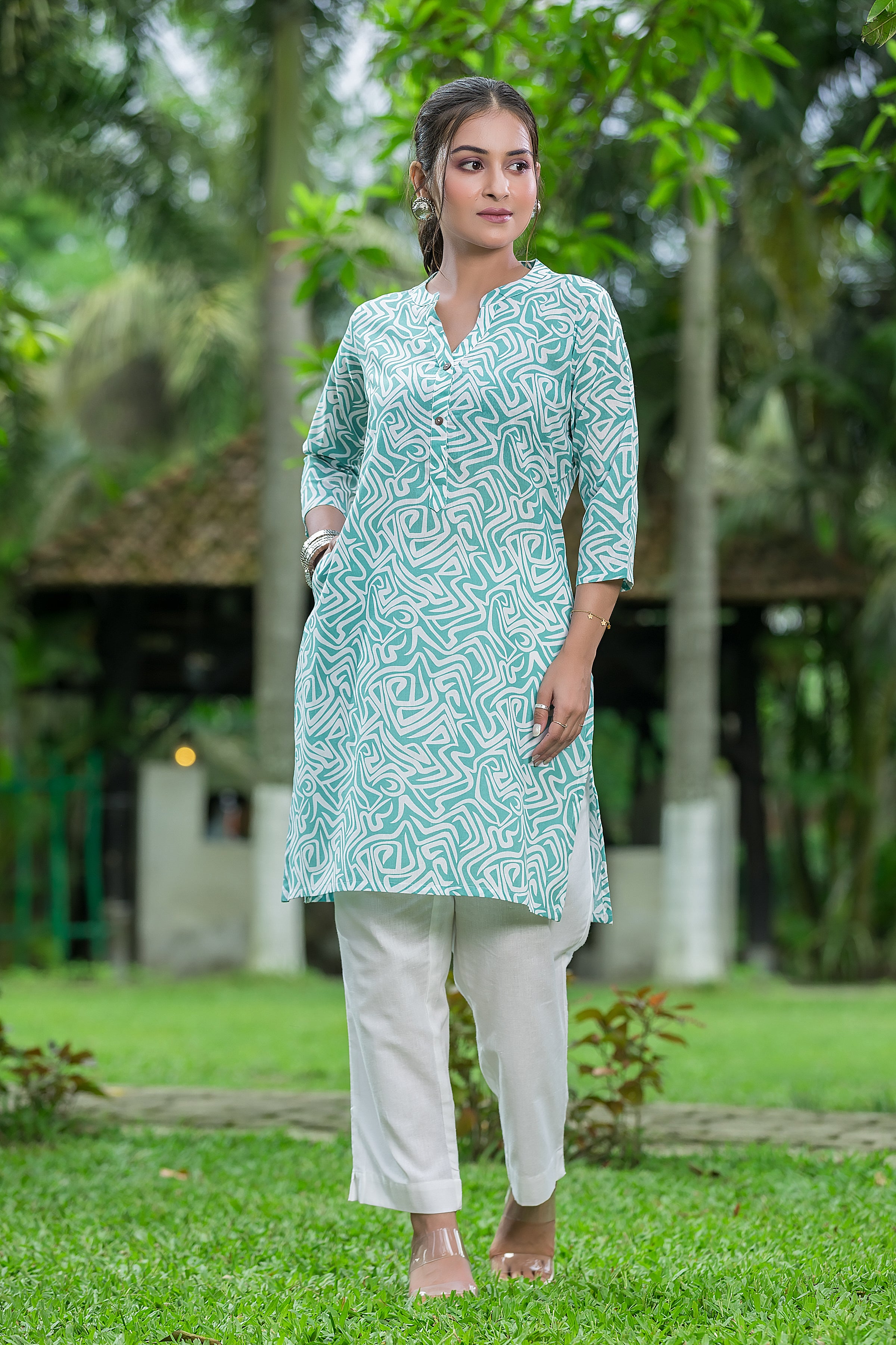 Women's Geometric Printed Green Cotton Top