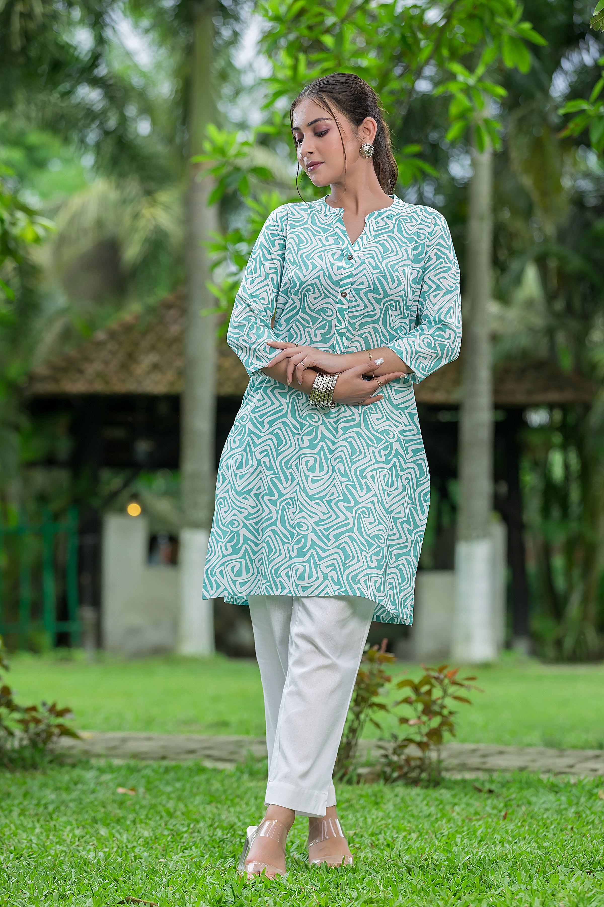 Women's Geometric Printed Green Cotton Top